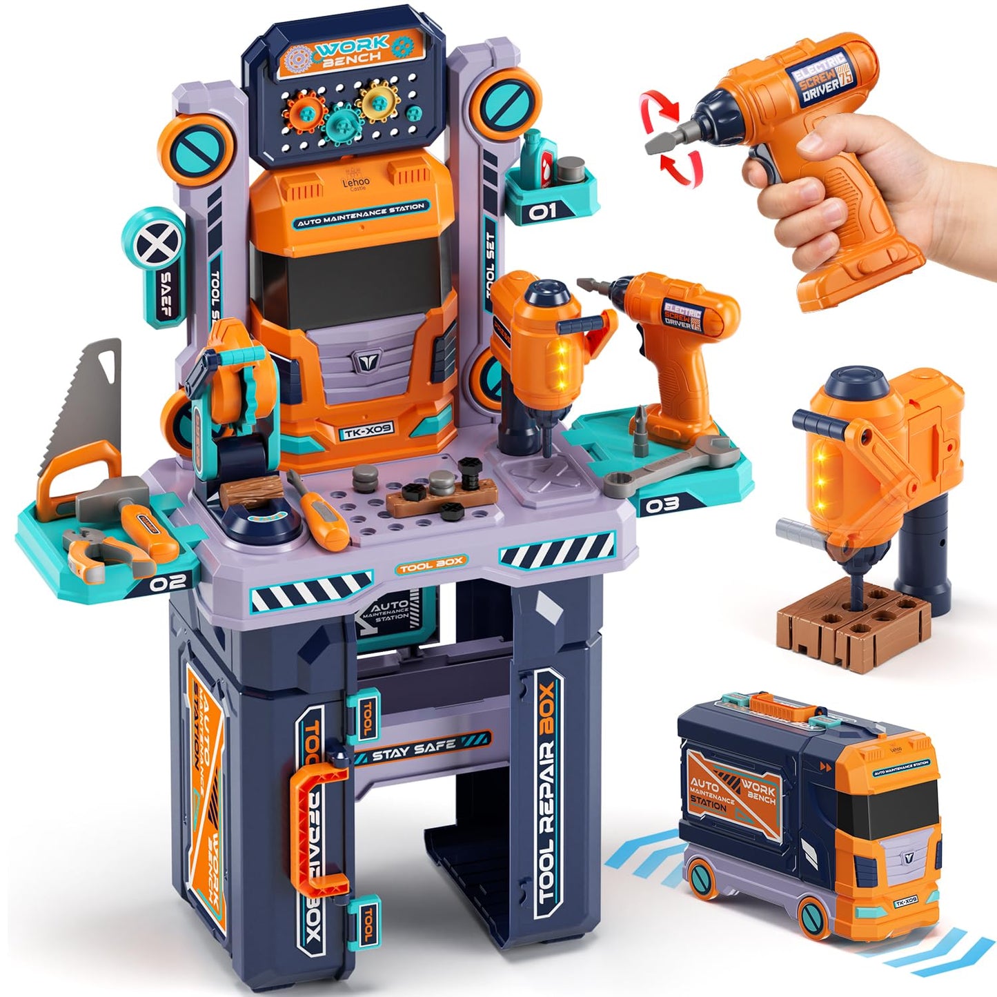 Lehoo Castle Kids Tool Bench (32.5 Inches Tall) — 2-in-1 Workbench & Toolbox with Electric Drill | Pretend Play Toy for Ages 3-5