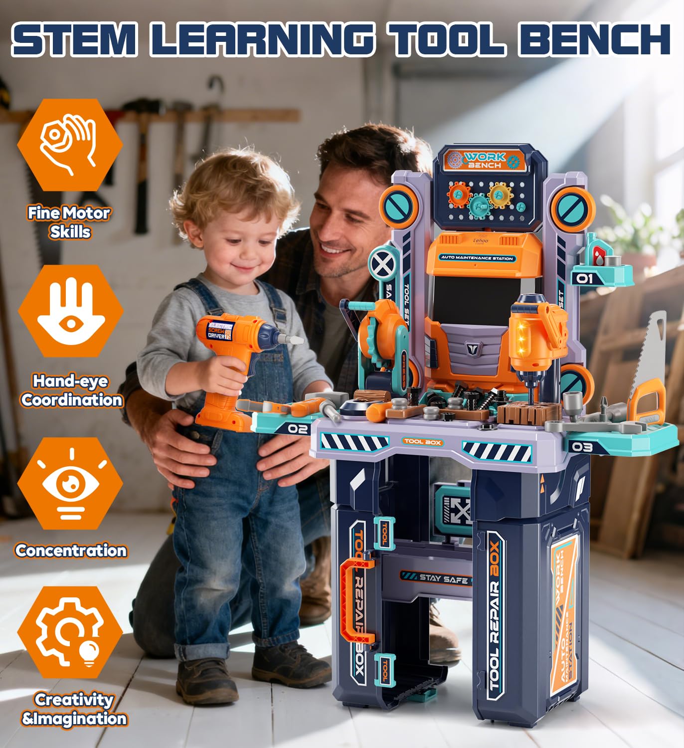 Lehoo Castle Kids Tool Bench (32.5 Inches Tall) — 2-in-1 Workbench & Toolbox with Electric Drill | Pretend Play Toy for Ages 3-5