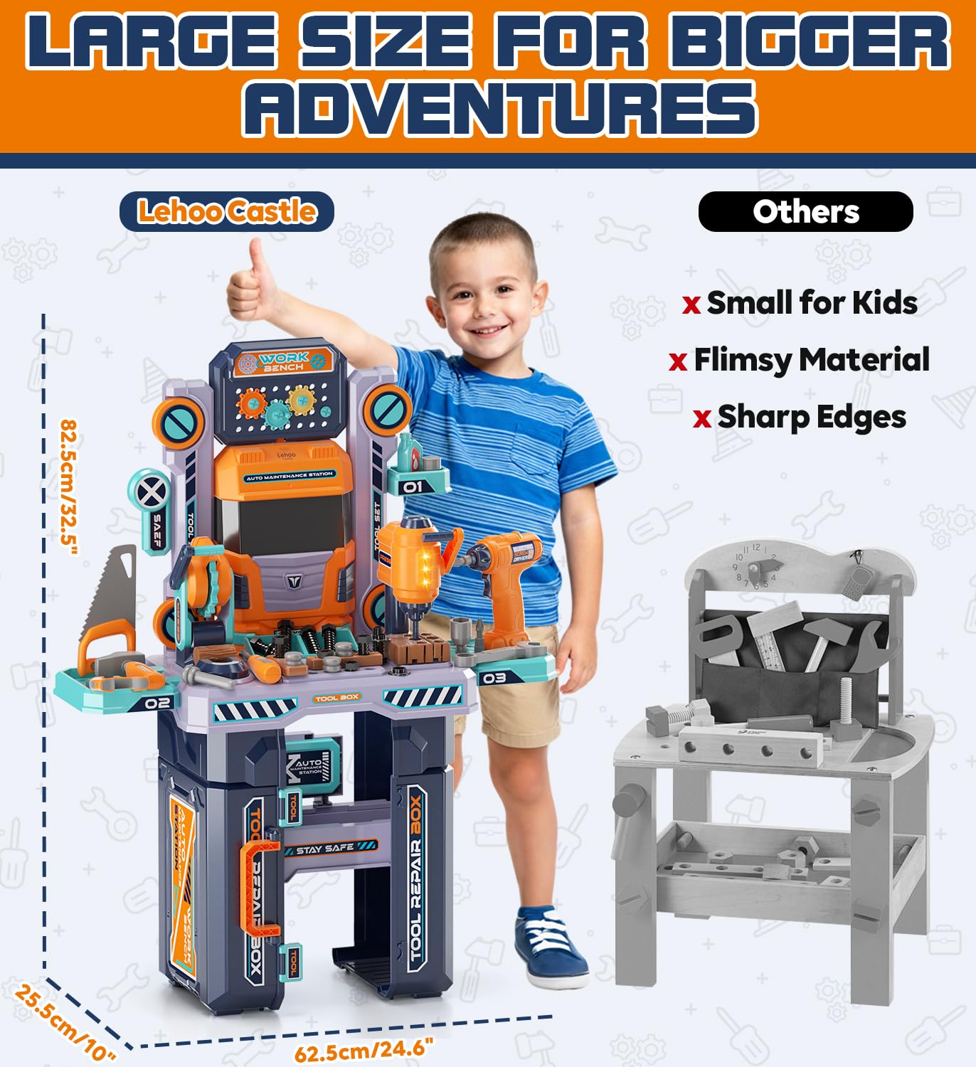 Lehoo Castle Kids Tool Bench (32.5 Inches Tall) — 2-in-1 Workbench & Toolbox with Electric Drill | Pretend Play Toy for Ages 3-5