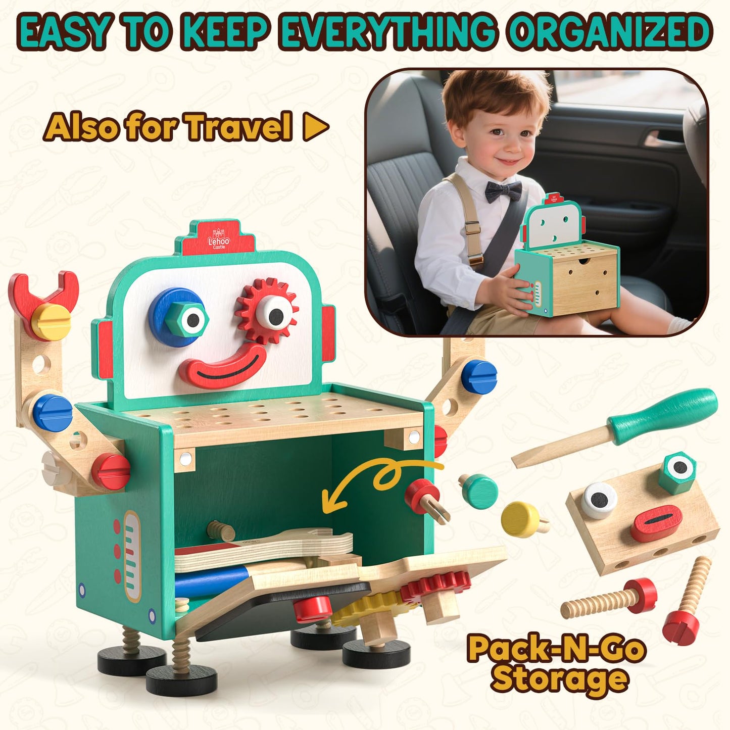 Lehoo Castle Kids Tool Set — Wooden Tool Bench & Robot STEM Toys for Ages 3-5