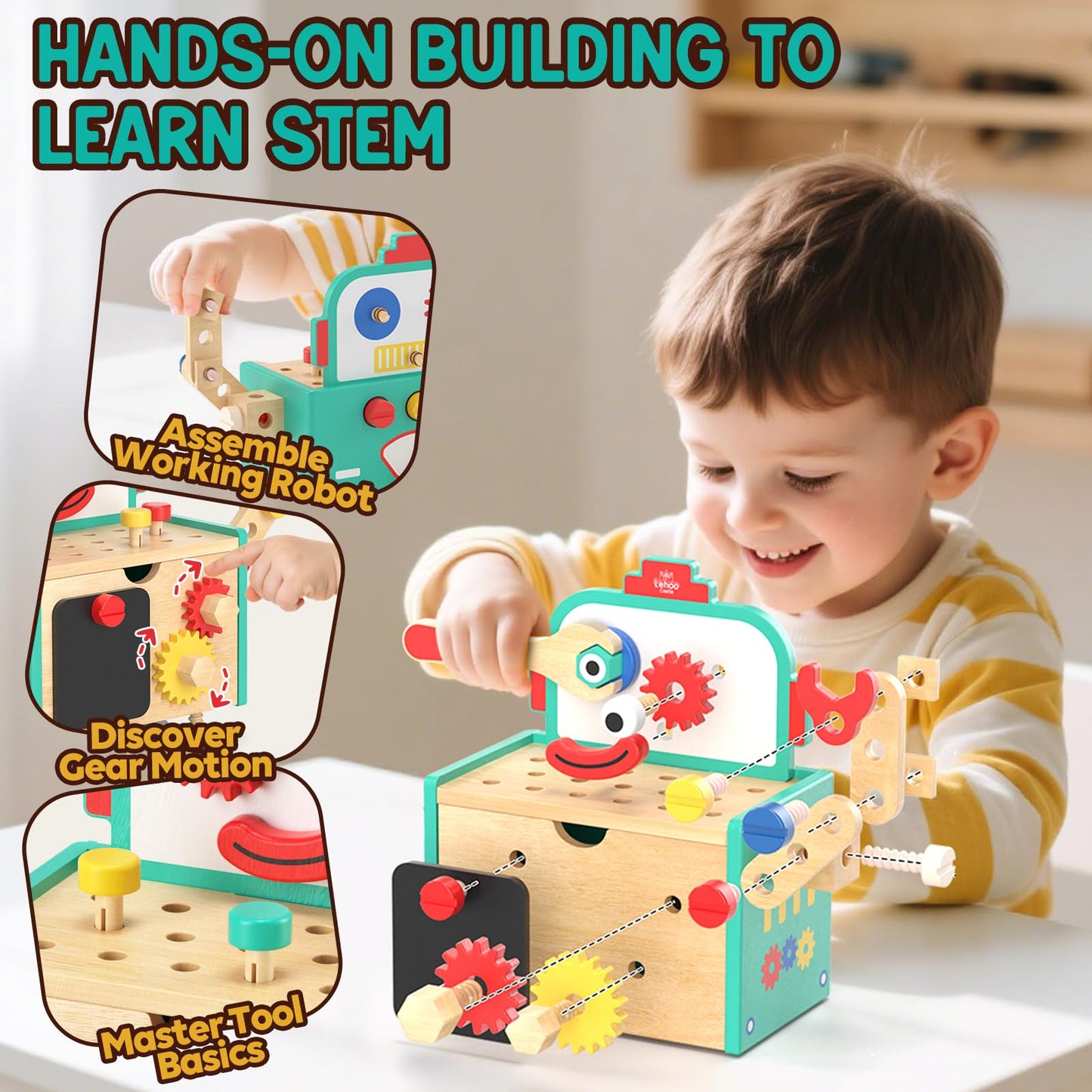 Lehoo Castle Kids Tool Set — Wooden Tool Bench & Robot STEM Toys for Ages 3-5