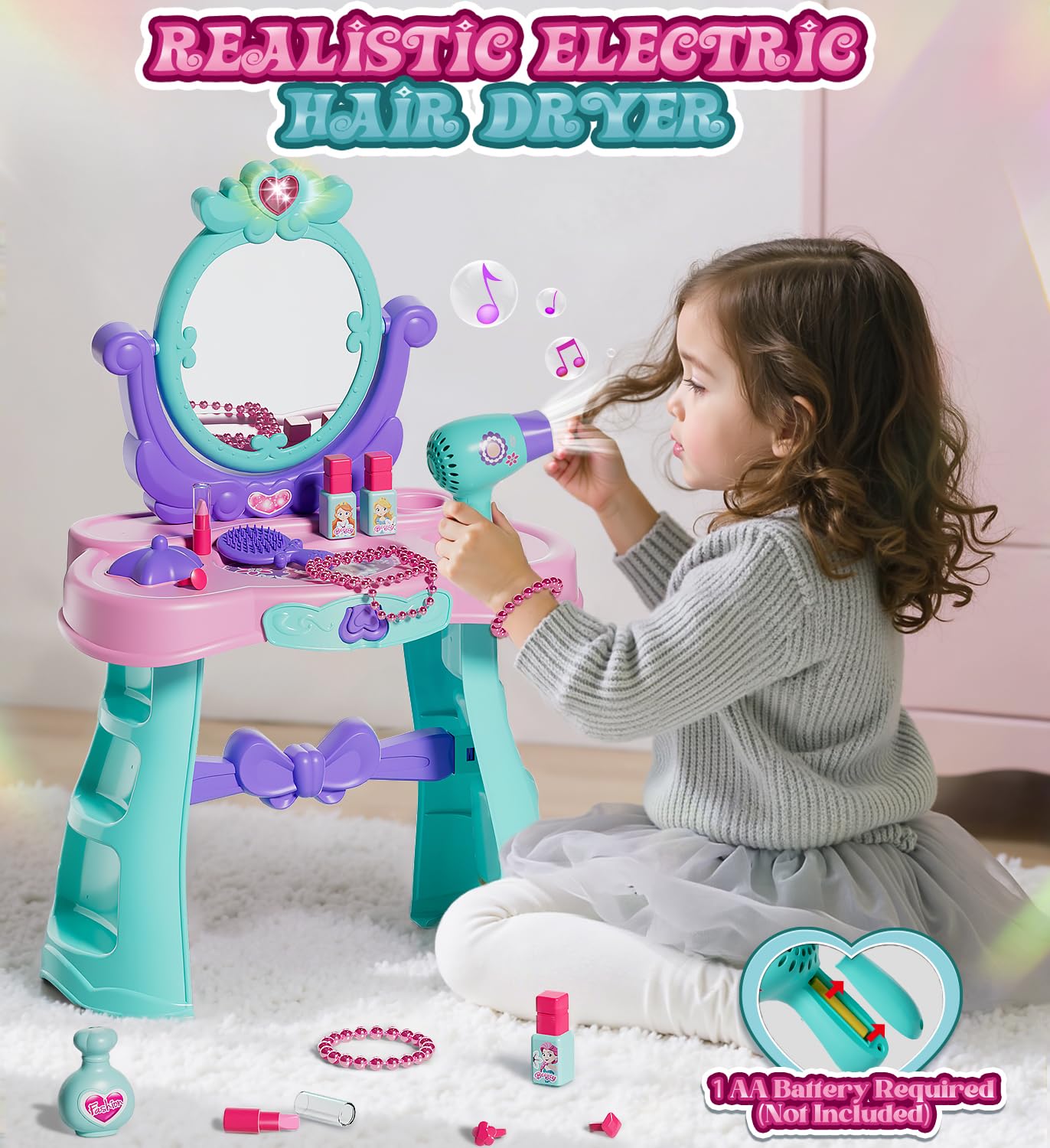 Lehoo Castle Kids Vanity Table & Chair Set — Mirror, Lights & Music for Dress-Up Play
