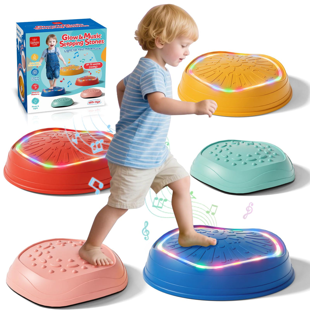 Lehoo Castle Light Up Musical Stepping Stones for Kids – Non-Slip Indoor/Outdoor Sensory Toys (Up to 200 lbs)