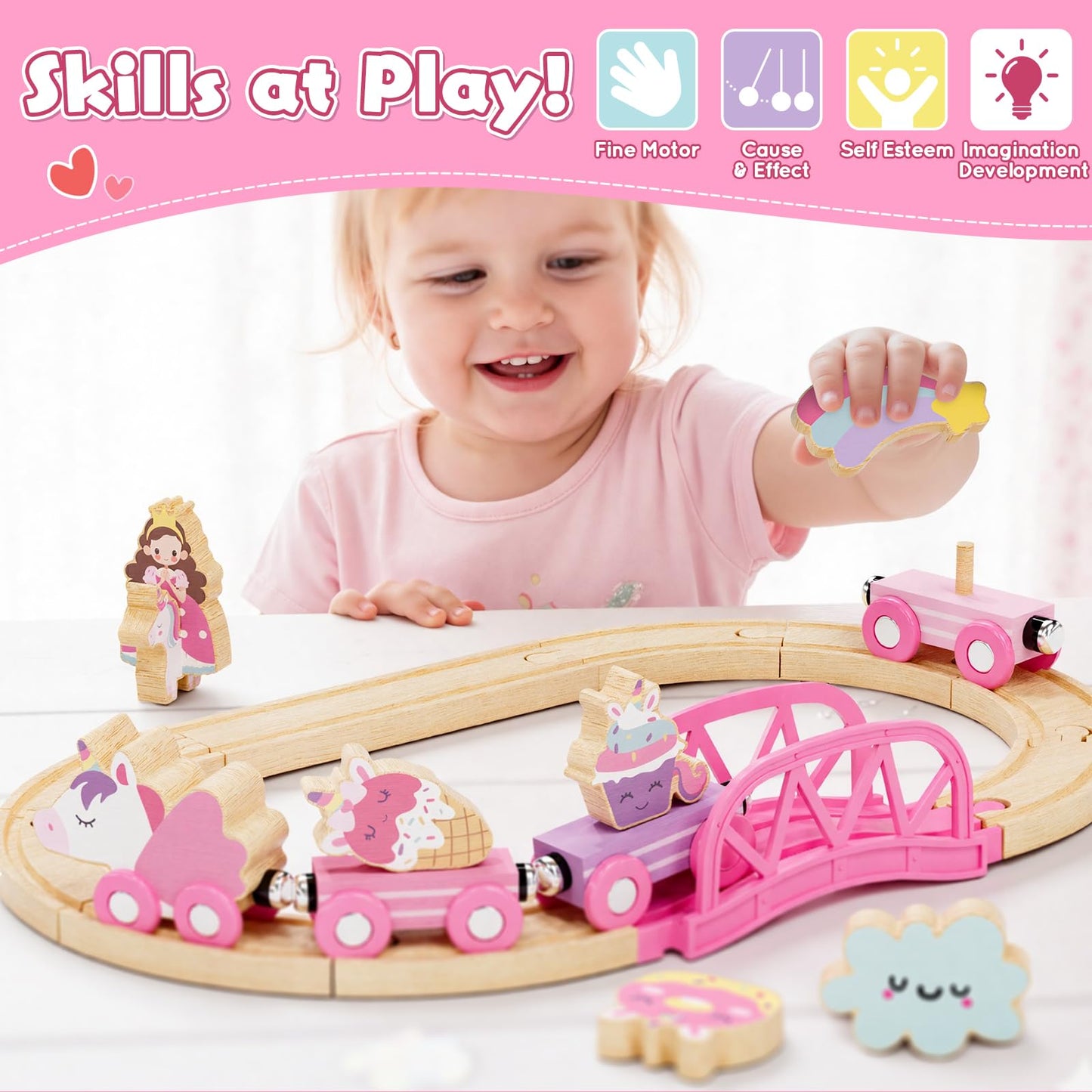 Lehoo Castle Wooden Unicorn Train Set for Toddlers 2-4 – Pink Train & Storage Bag