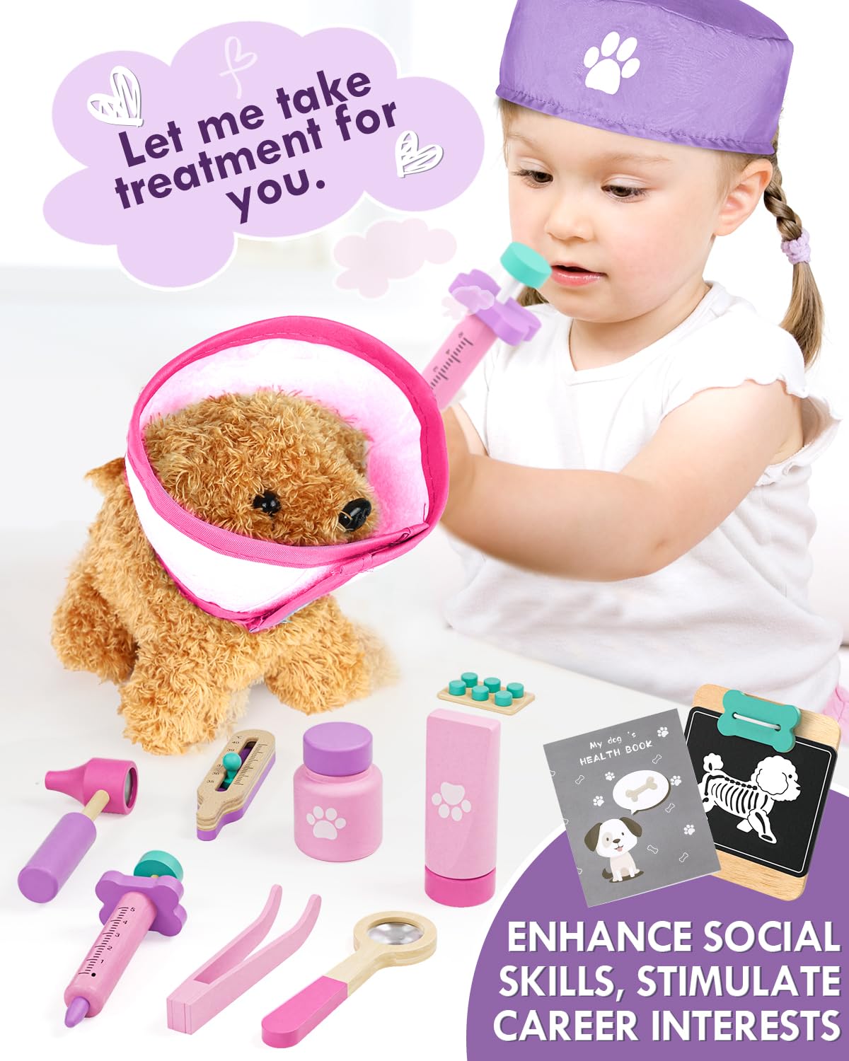 Lehoo Castle Wooden Doctor Playset for Kids — Vet Kit with Puppy (Pink, Ages 3-8)