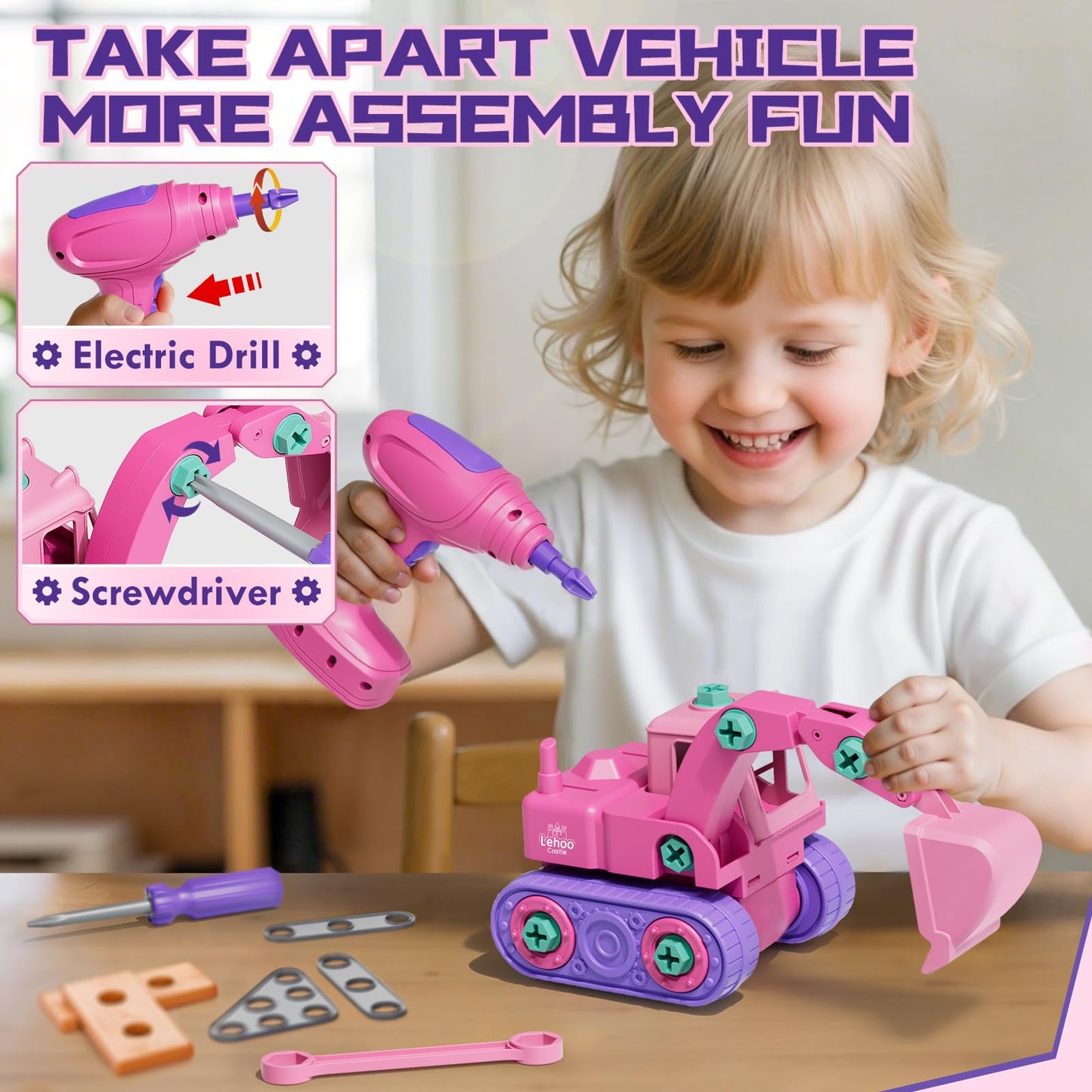 Lehoo Castle Kids Tool Set with Electric Drill & Tool Box - Pink