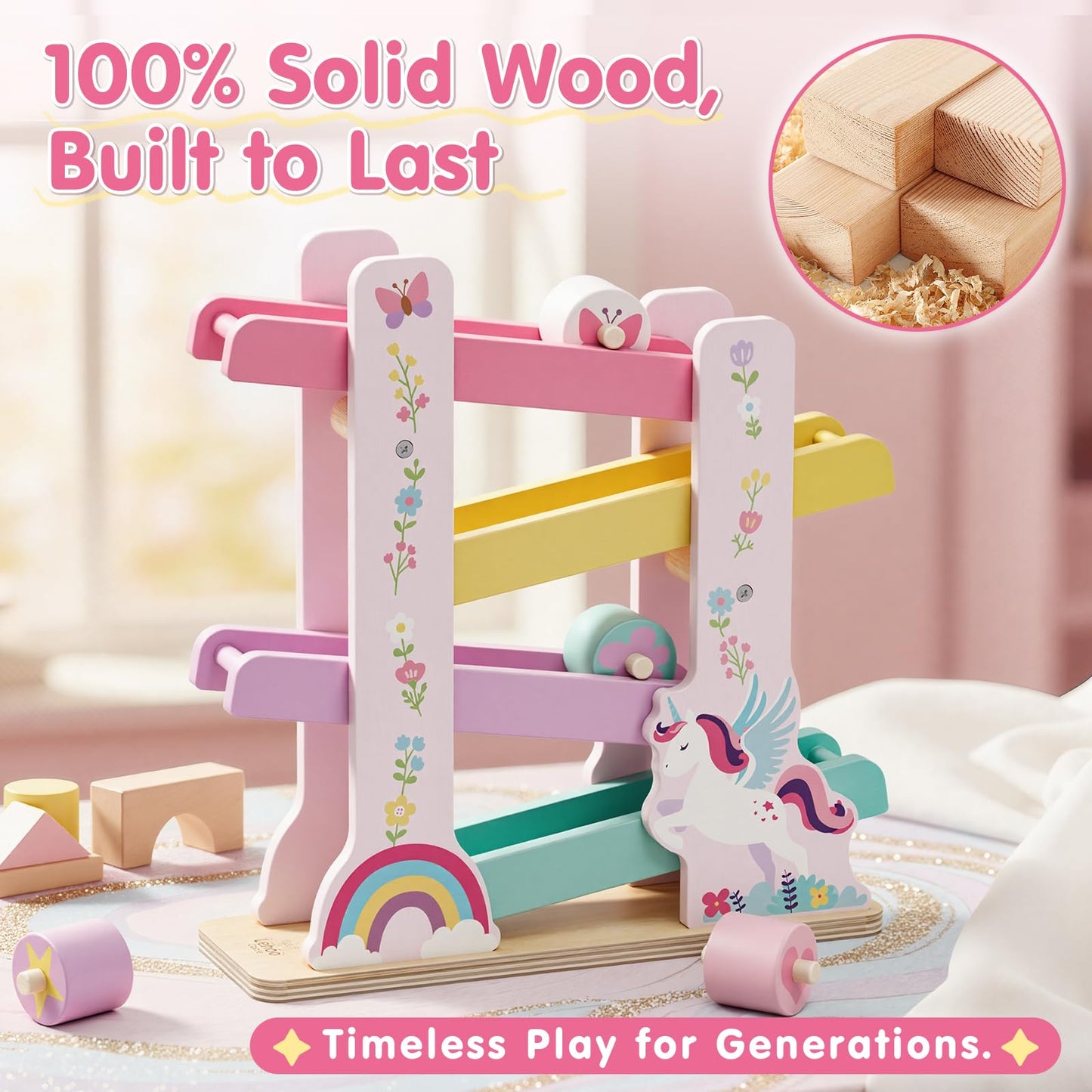 Lehoo Castle Unicorn Wooden Car Ramp Toy – Montessori Race Track for 12-36 Months