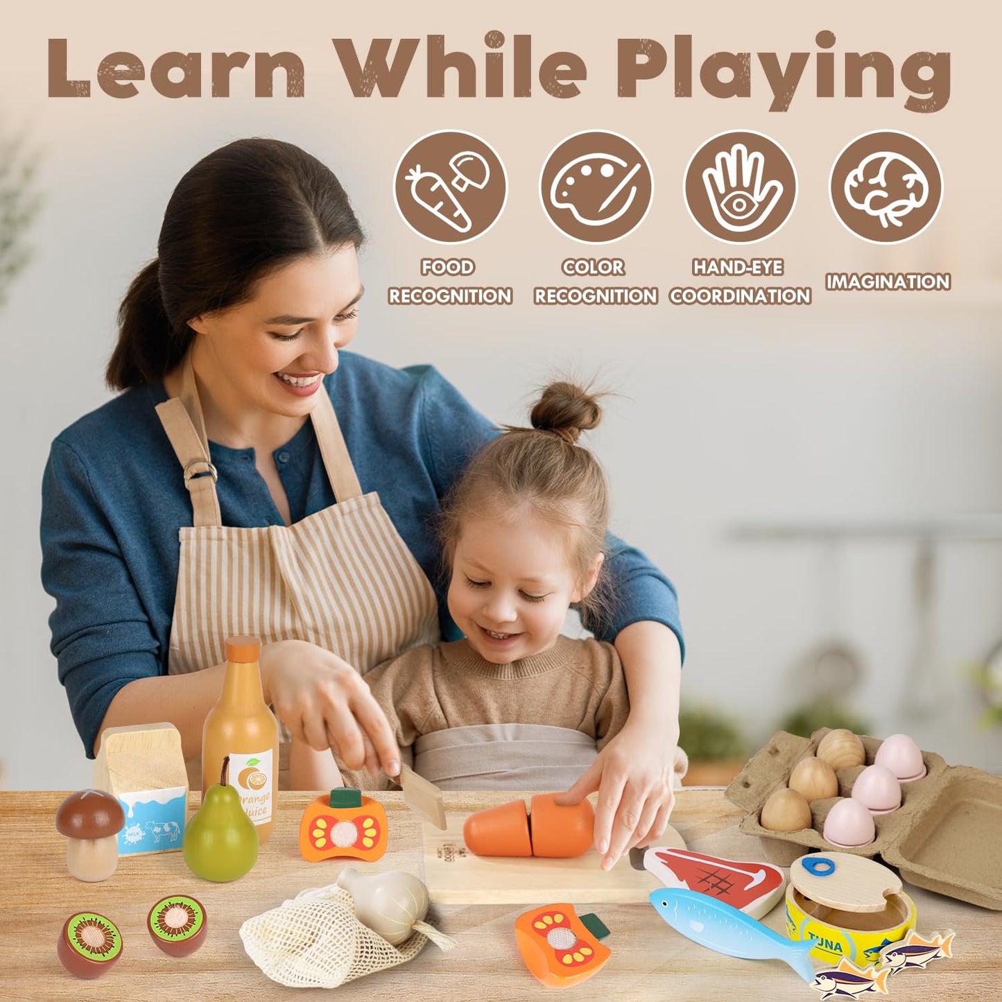 Lehoo Castle Wooden Play Food Sets – Safe, Educational Pretend Kitchen Toys for Kids 3+