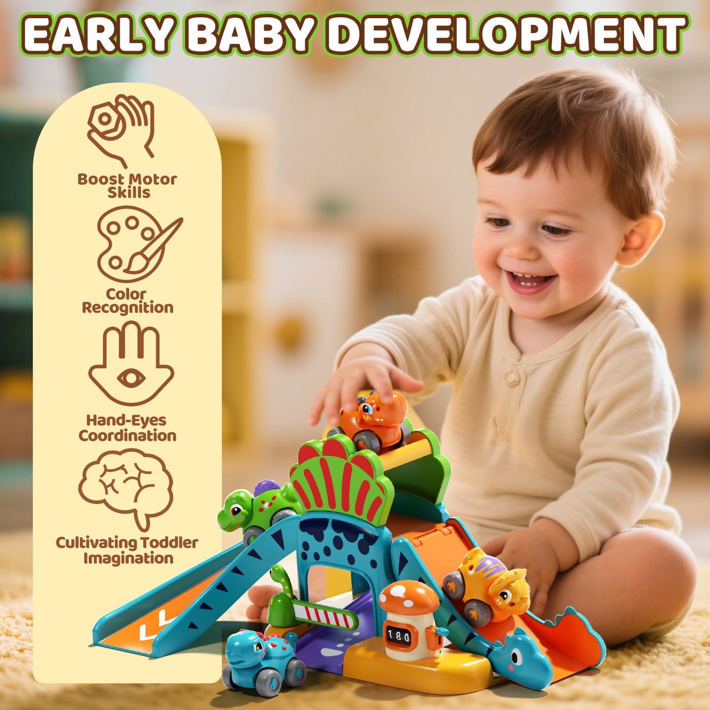 Lehoo Castle Dinosaur Slide with 4 Mini Cars – Toddler Race Track Toy (12-36 Months)
