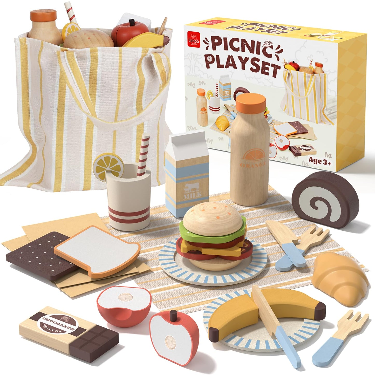 Lehoo Castle Play Food Sets for Kids – Wooden Picnic Toy Food & Cutting Fruit