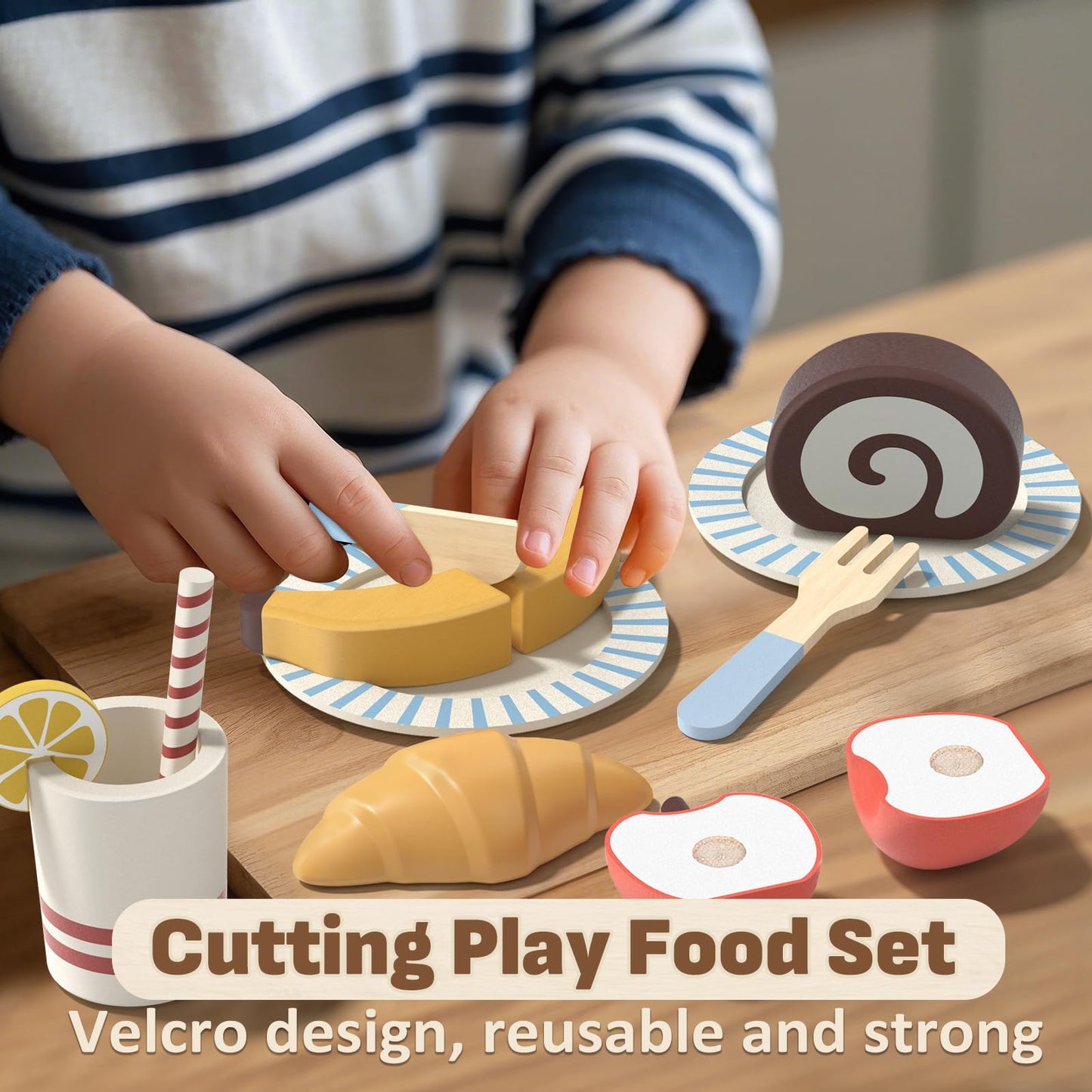 Lehoo Castle Play Food Sets for Kids – Wooden Picnic Toy Food & Cutting Fruit