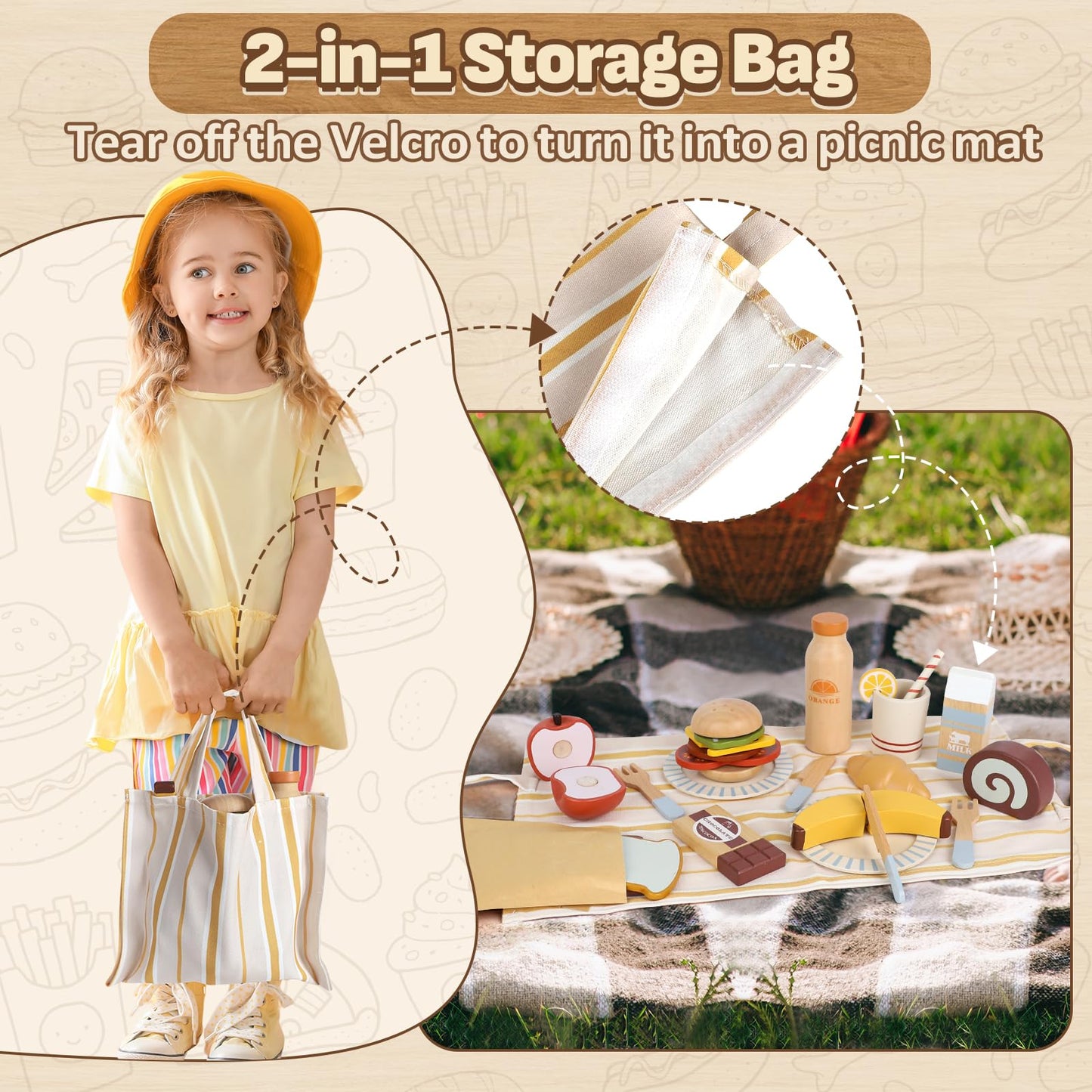 Lehoo Castle Play Food Sets for Kids – Wooden Picnic Toy Food & Cutting Fruit