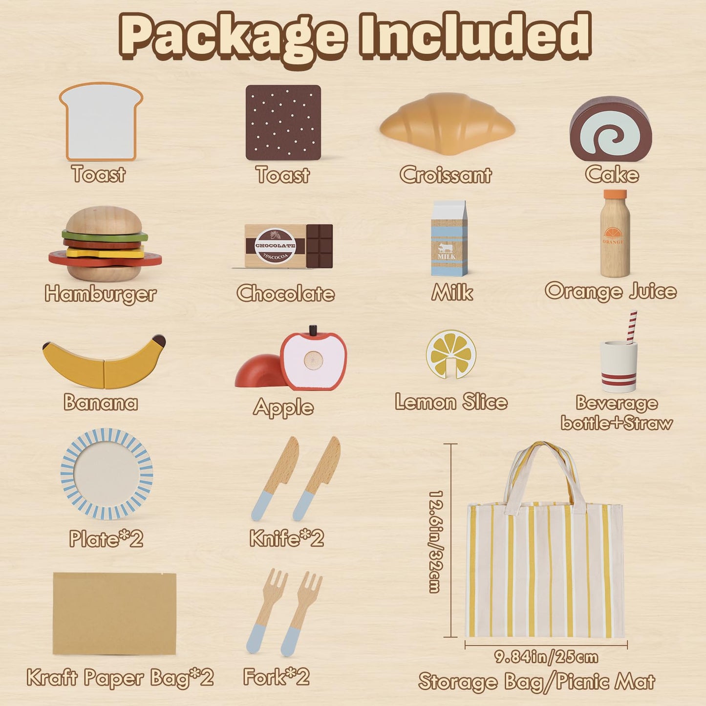 Lehoo Castle Play Food Sets for Kids – Wooden Picnic Toy Food & Cutting Fruit