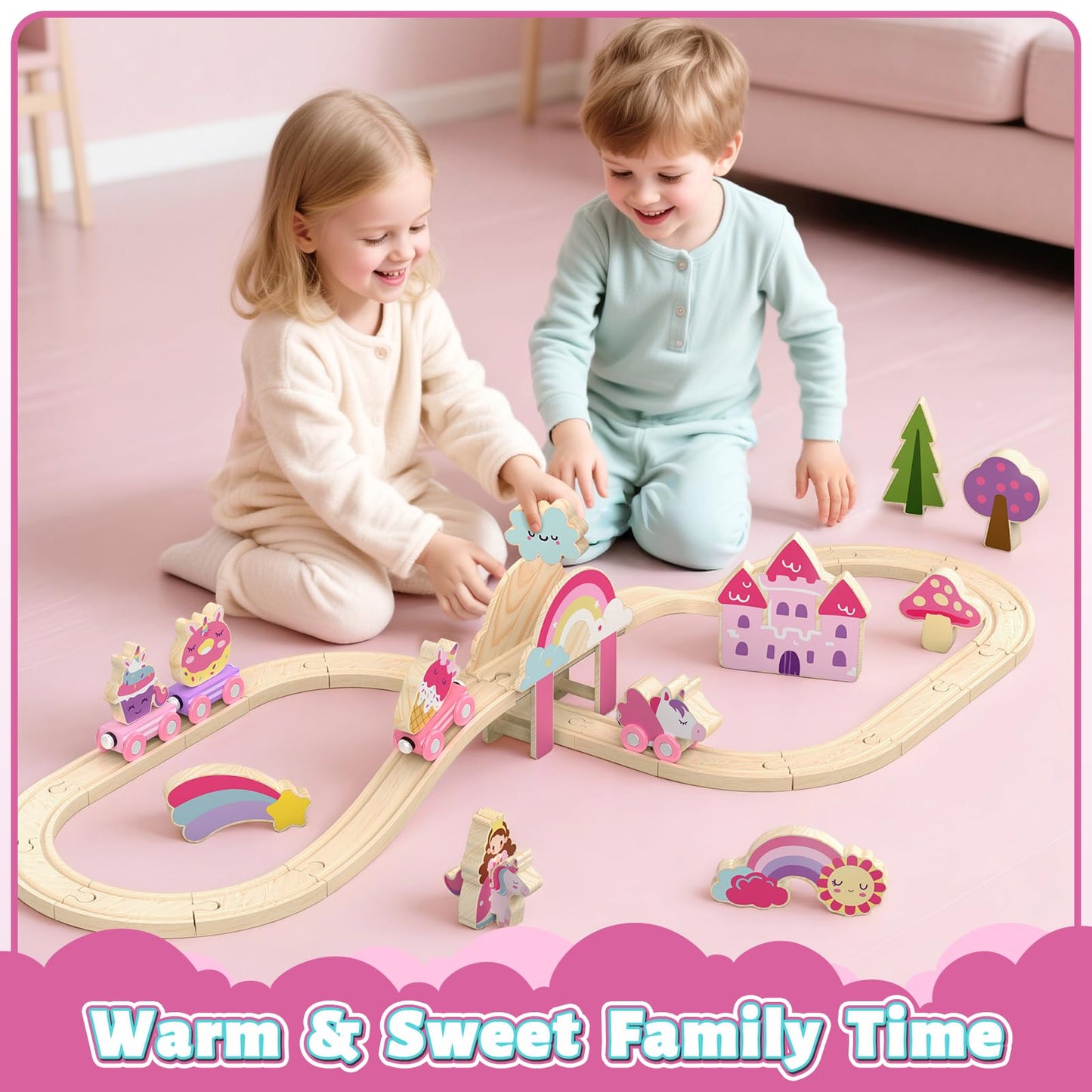 Lehoo Castle Wooden Train Set – Unicorn Pink Train for Toddlers 2-4 | Expandable Track