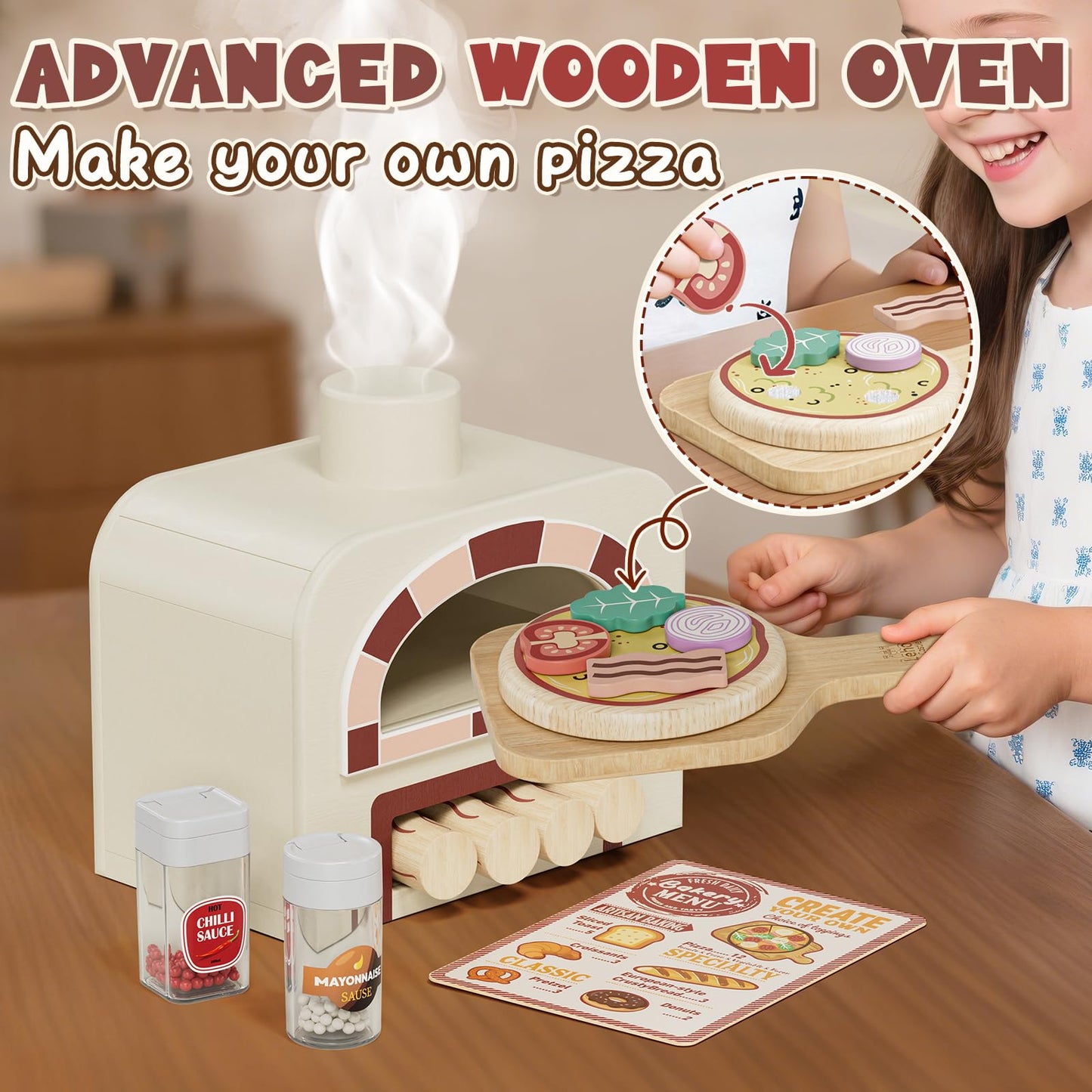 Lehoo Castle Wooden Pizza Oven Playset – Pretend Kitchen Toys for 3-5 Year Olds