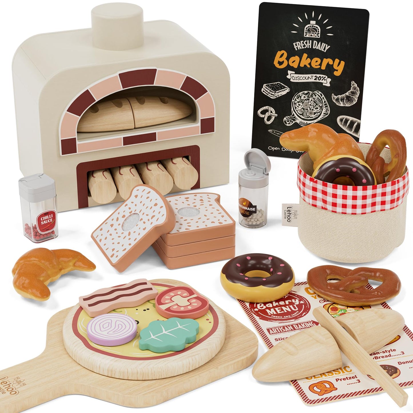 Lehoo Castle Wooden Pizza Oven Playset – Pretend Kitchen Toys for 3-5 Year Olds