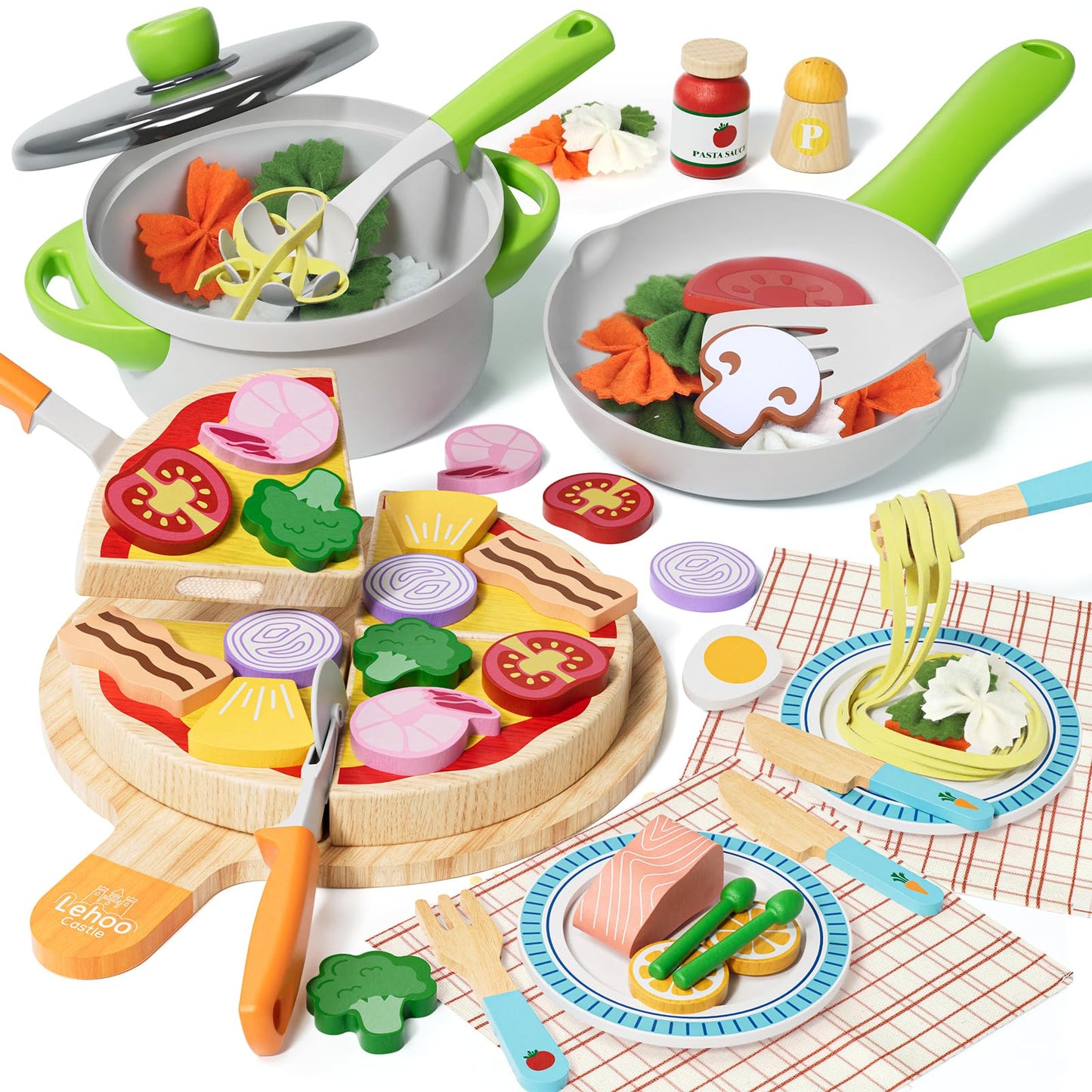 Lehoo Castle Wooden Play Food Sets – Pizza Toy with Pot & Pan for Kids
