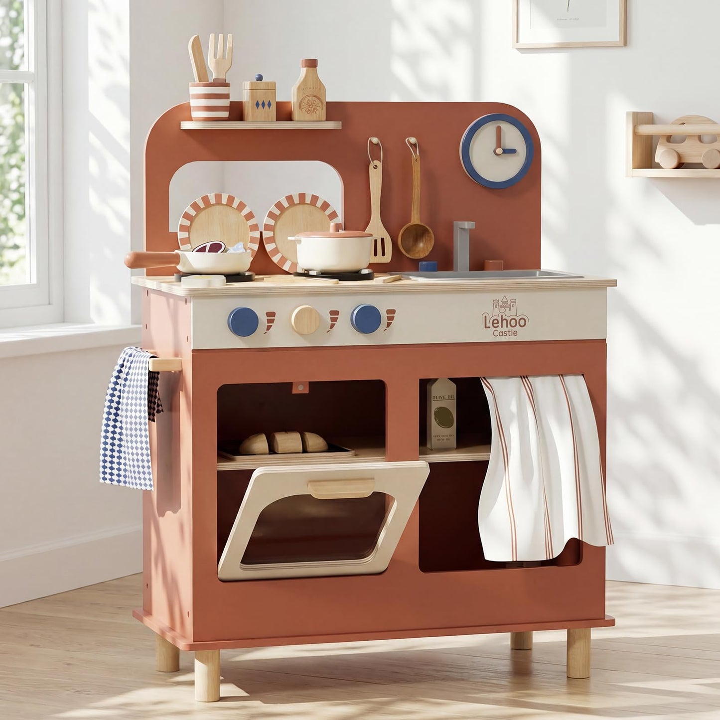 Lehoo Castle Kids Play Kitchen for Toddlers – Wooden Small Kitchen with Accessories
