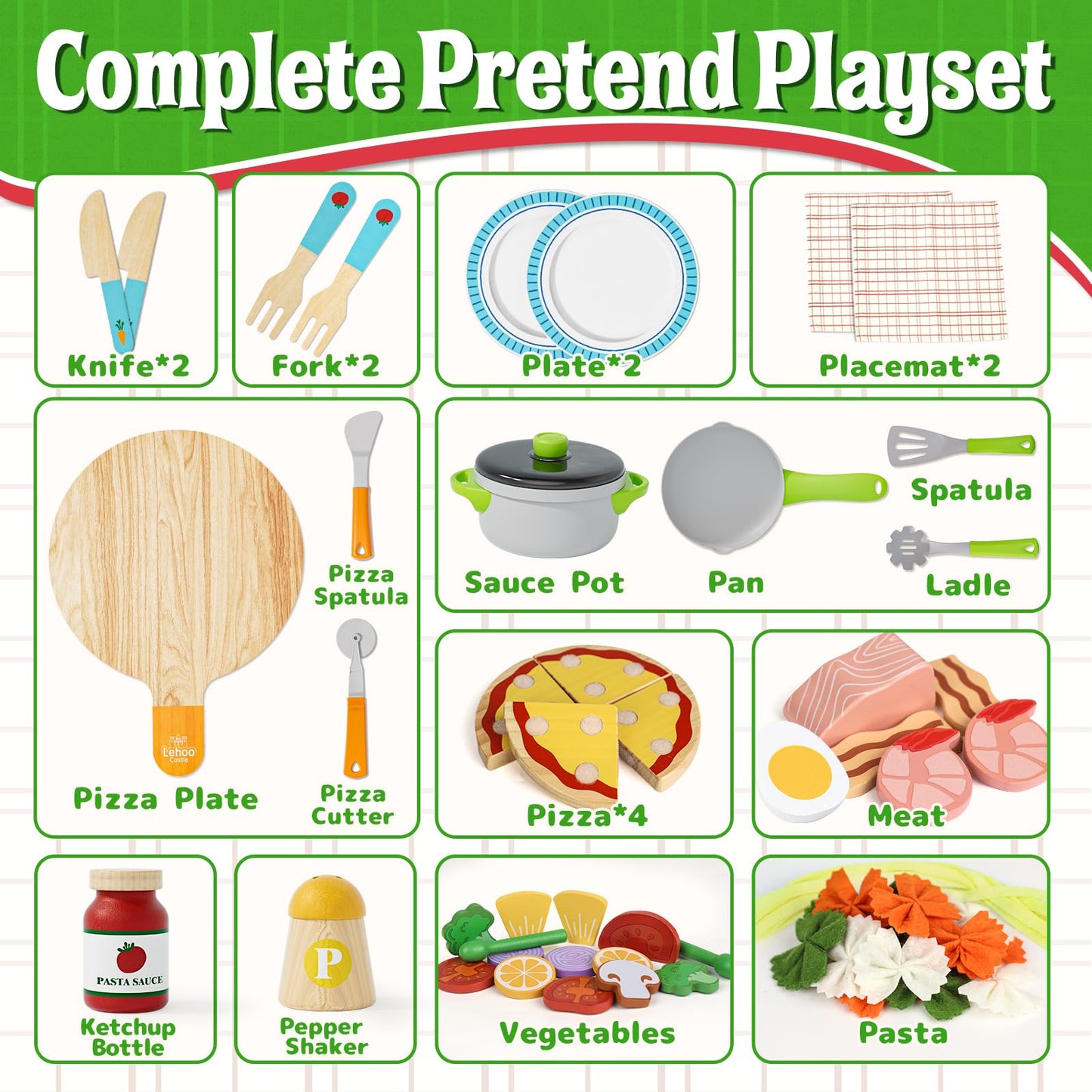 Lehoo Castle Wooden Play Food Sets – Pizza Toy with Pot & Pan for Kids