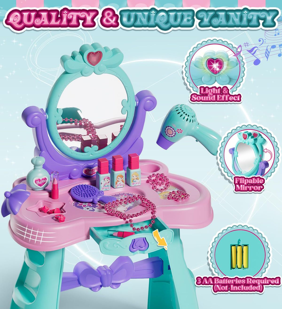 Lehoo Castle Kids Vanity Table & Chair Set — Mirror, Lights & Music for Dress-Up Play
