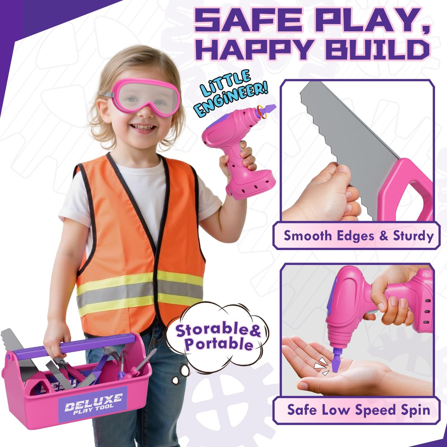 Lehoo Castle Kids Tool Set with Electric Drill & Tool Box - Pink
