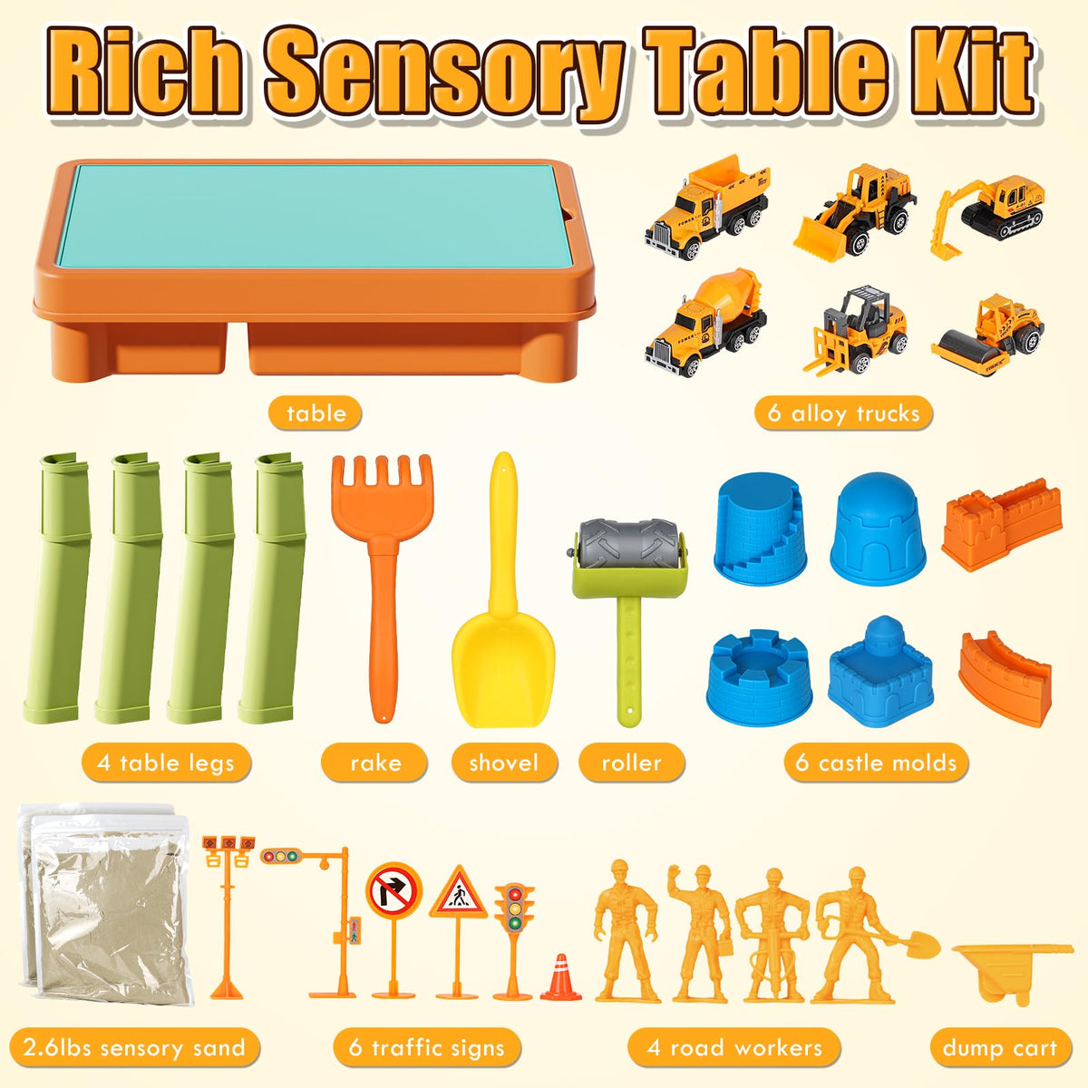 Lehoo Castle Sensory Table with Sand Kit – 26 lbs Sand, 6 Alloy Trucks, Castle Molds, Lid