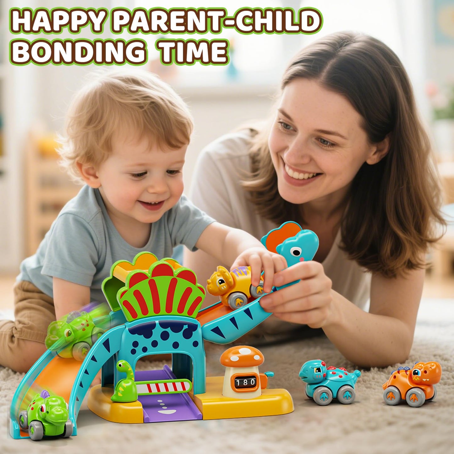 Lehoo Castle Dinosaur Slide with 4 Mini Cars – Toddler Race Track Toy (12-36 Months)