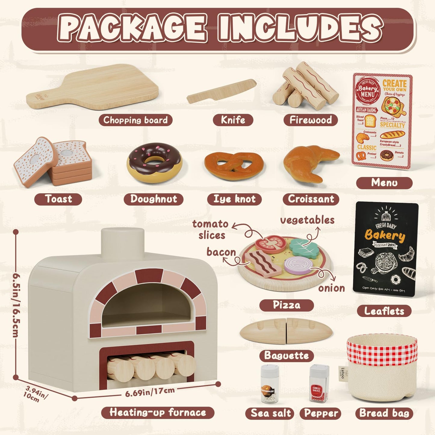 Lehoo Castle Wooden Pizza Oven Playset – Pretend Kitchen Toys for 3-5 Year Olds
