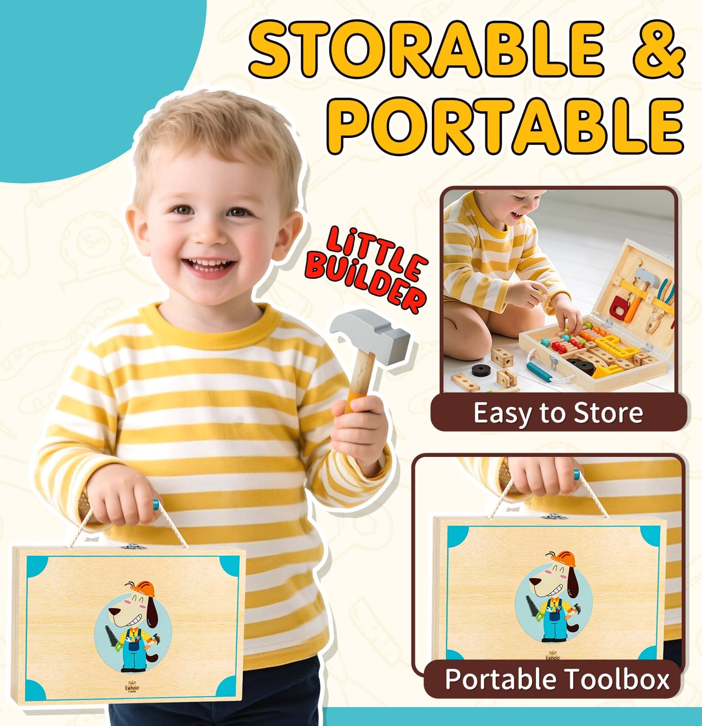 Lehoo Castle Kids Tool Set with Toolbox – Wooden Construction Toys for 3-5 Year Olds