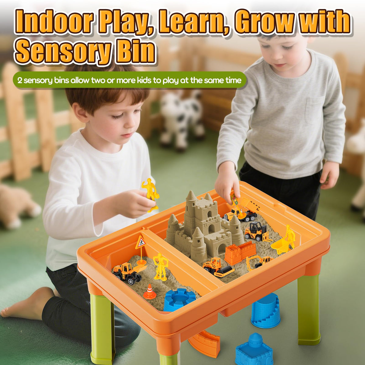 Lehoo Castle Sensory Table with Sand Kit – 26 lbs Sand, 6 Alloy Trucks, Castle Molds, Lid
