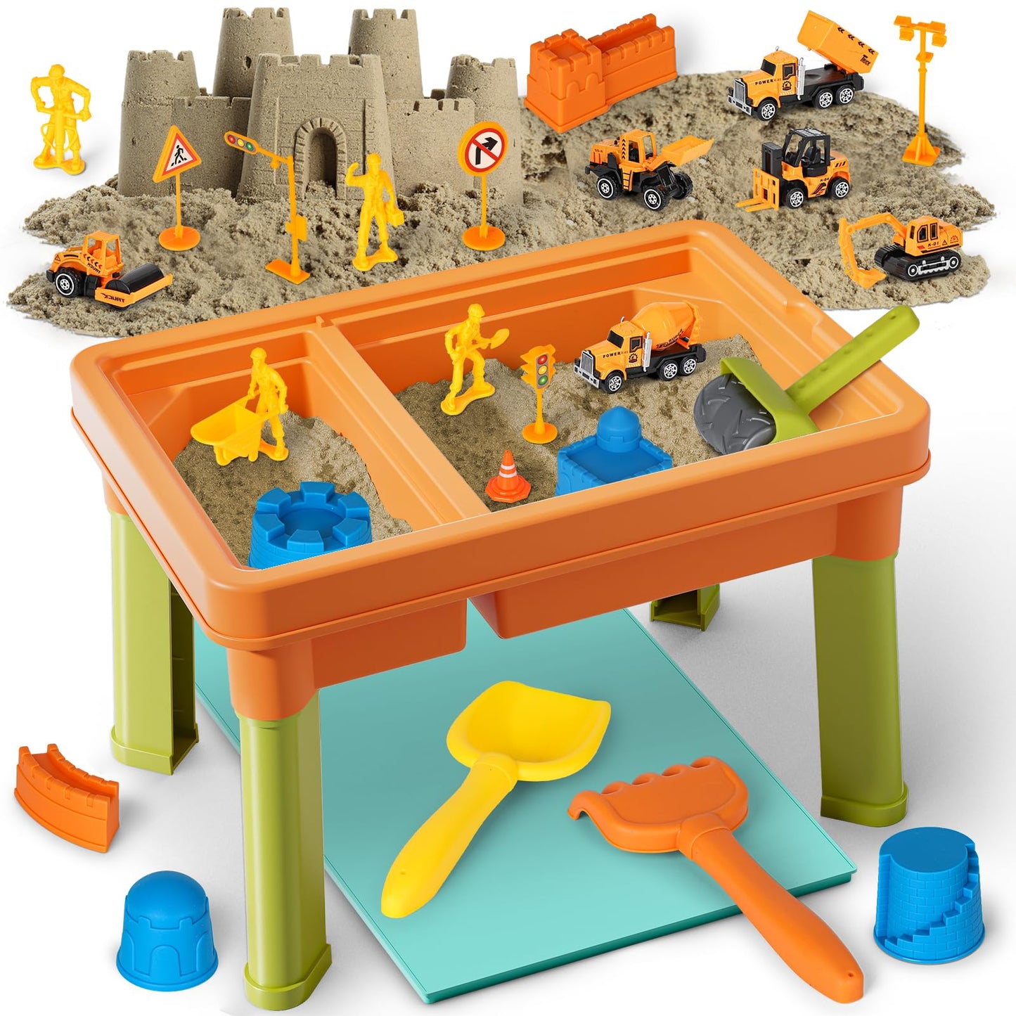 Lehoo Castle Sensory Table with Sand Kit – 26 lbs Sand, 6 Alloy Trucks, Castle Molds, Lid