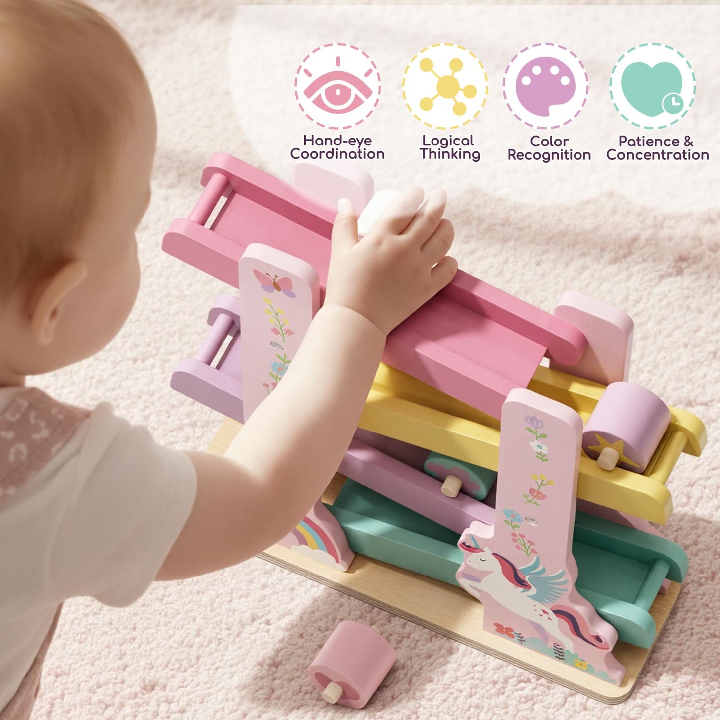 Lehoo Castle Unicorn Wooden Car Ramp Toy – Montessori Race Track for 12-36 Months