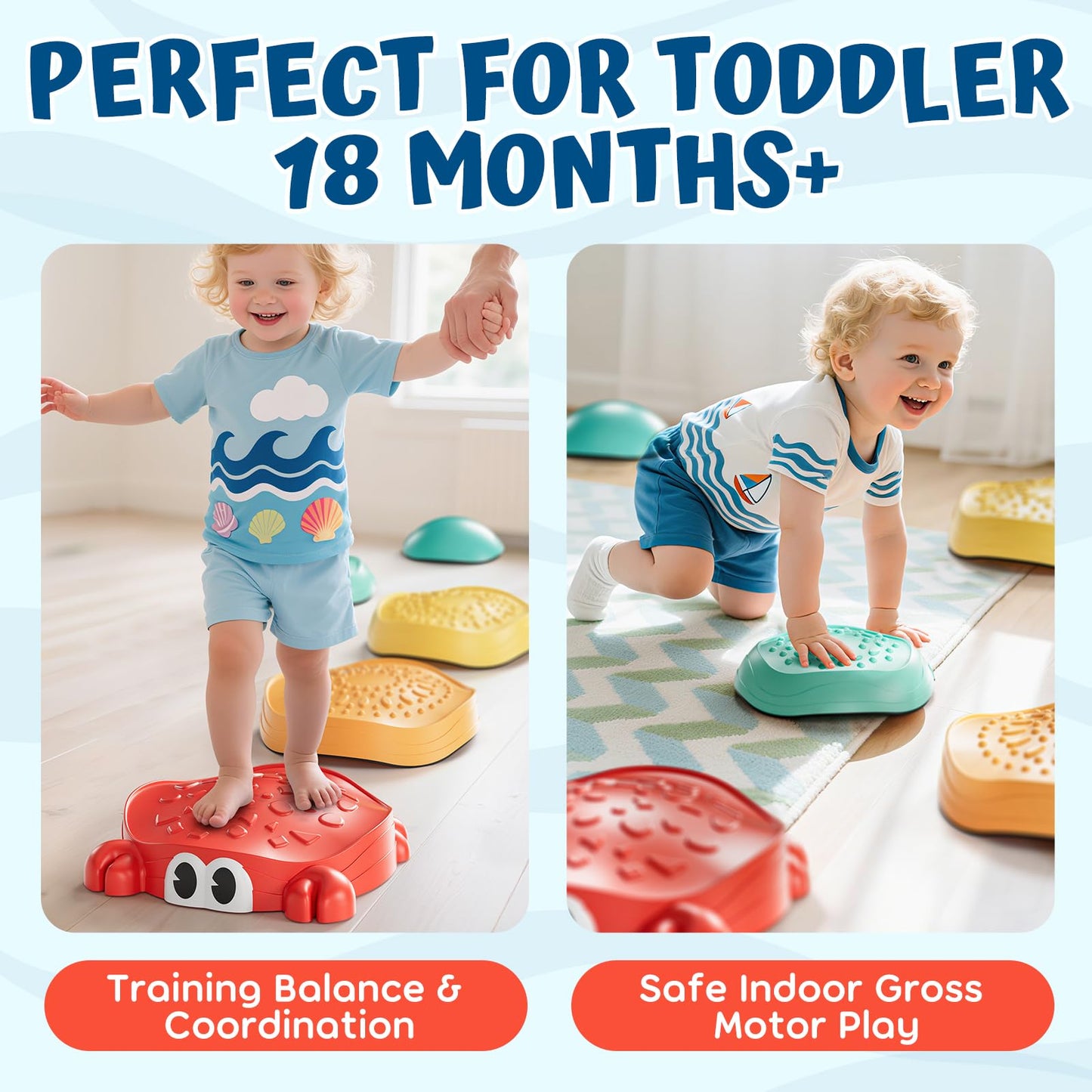 Lehoo Castle Stepping Stones for Kids – Non-Slip Balance Stones, Crab Shape Sensory Play Set (Ages 18 Months+)