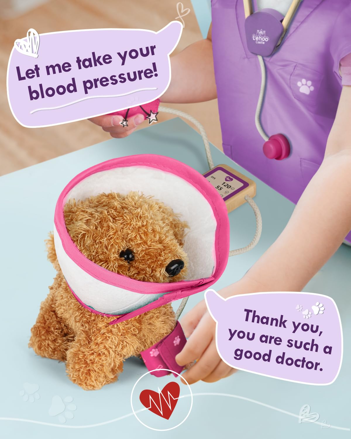 Lehoo Castle Wooden Doctor Playset for Kids — Vet Kit with Puppy (Pink, Ages 3-8)