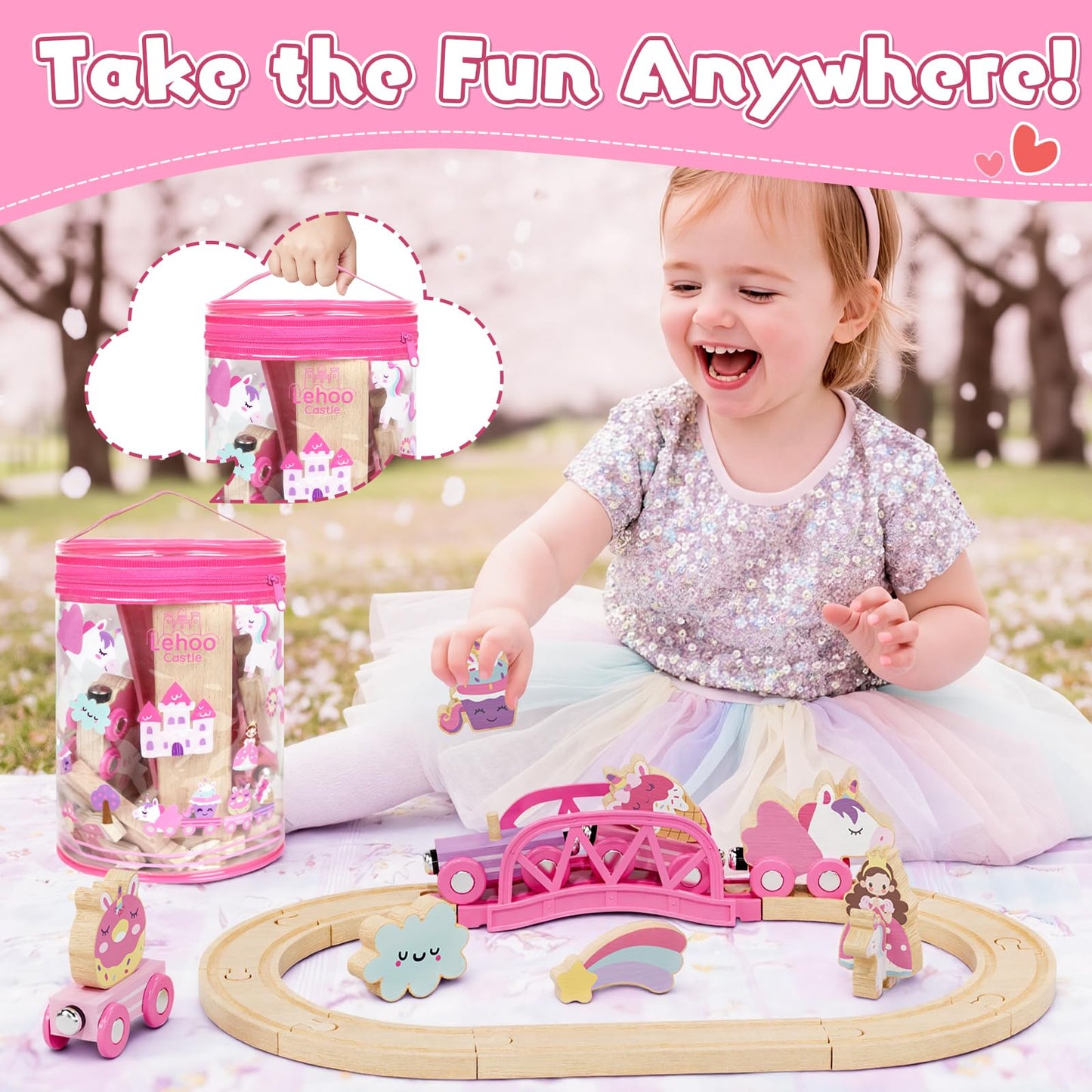 Lehoo Castle Wooden Unicorn Train Set for Toddlers 2-4 – Pink Train & Storage Bag