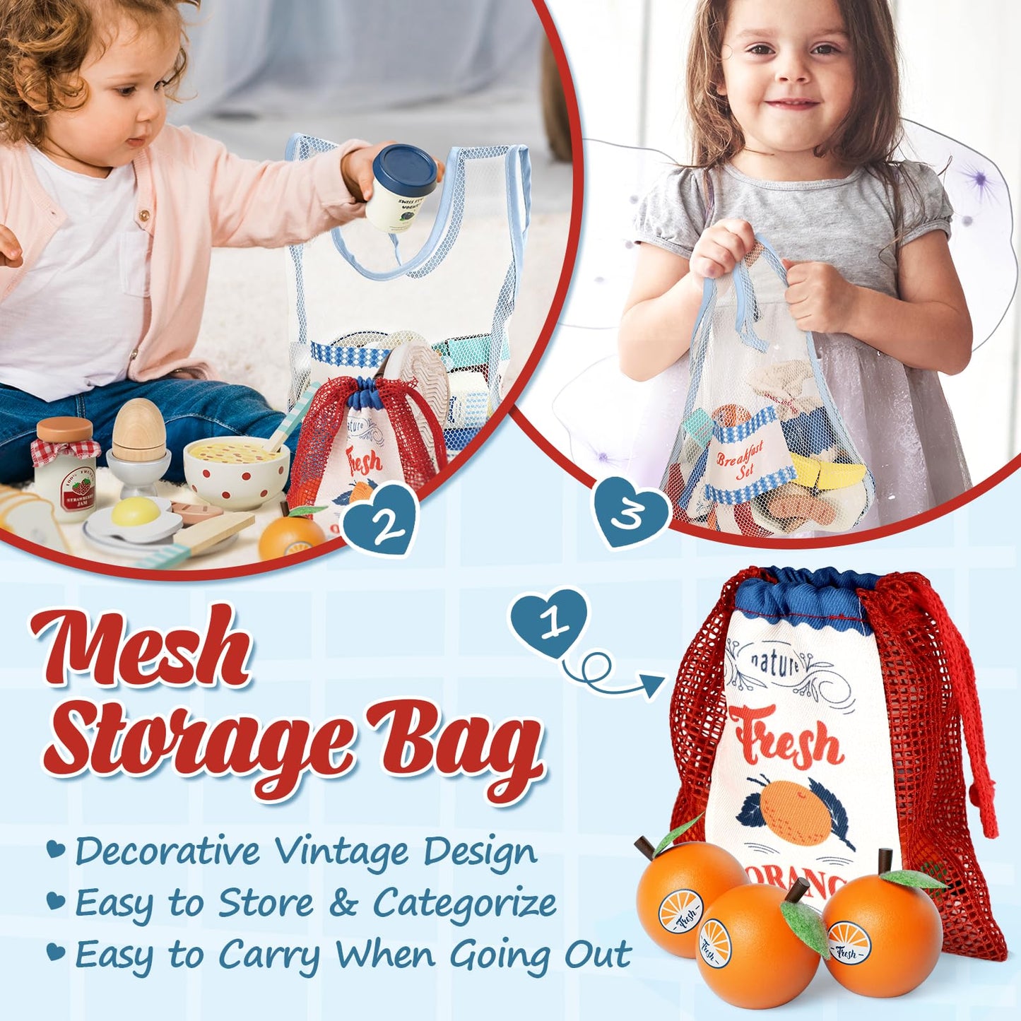 Lehoo Castle Wooden Play Food Set – Montessori Cutting Toys for Kids 3-5, with Storage Bag