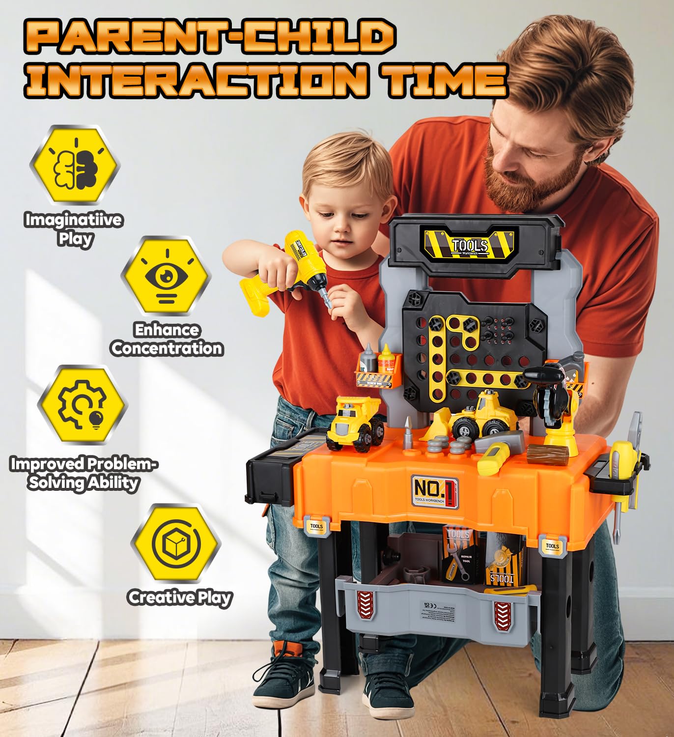 Lehoo Castle Kids Tool Bench with Electric Drill & Construction Vehicles — 2-in-1 Workbench & Toolbox for Ages 3–5