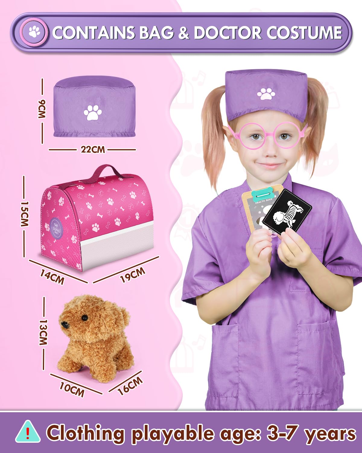 Lehoo Castle Wooden Doctor Playset for Kids — Vet Kit with Puppy (Pink, Ages 3-8)