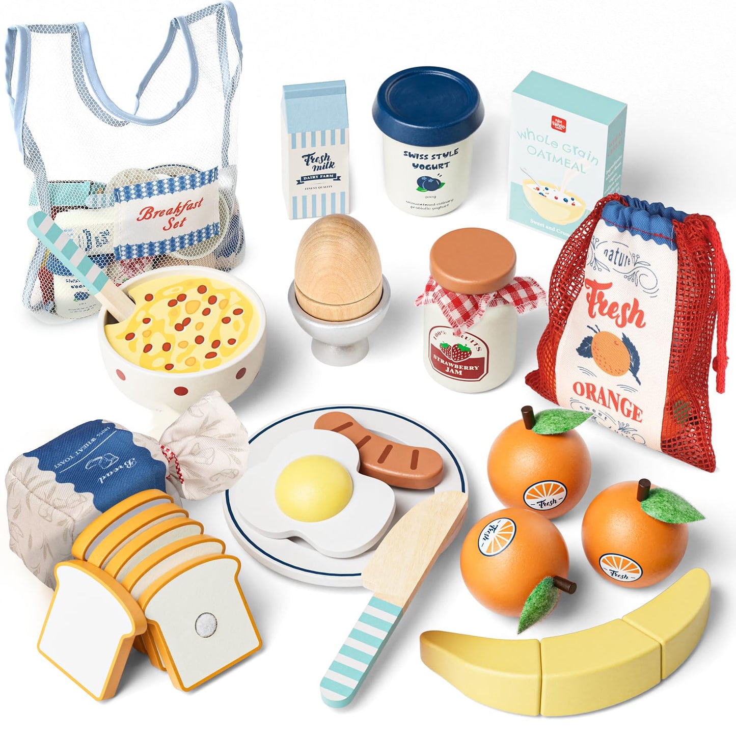 Lehoo Castle Wooden Play Food Set – Montessori Cutting Toys for Kids 3-5, with Storage Bag
