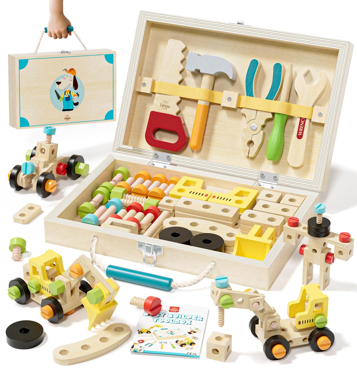 Lehoo Castle Kids Tool Set with Toolbox – Wooden Construction Toys for 3-5 Year Olds