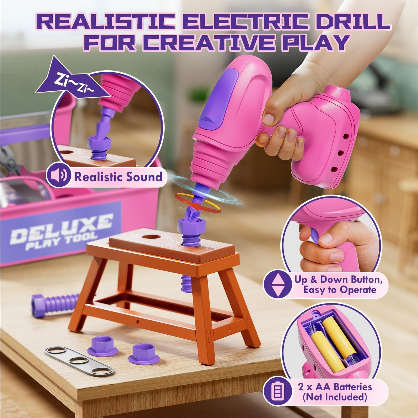 Lehoo Castle Kids Tool Set with Electric Drill & Tool Box - Pink