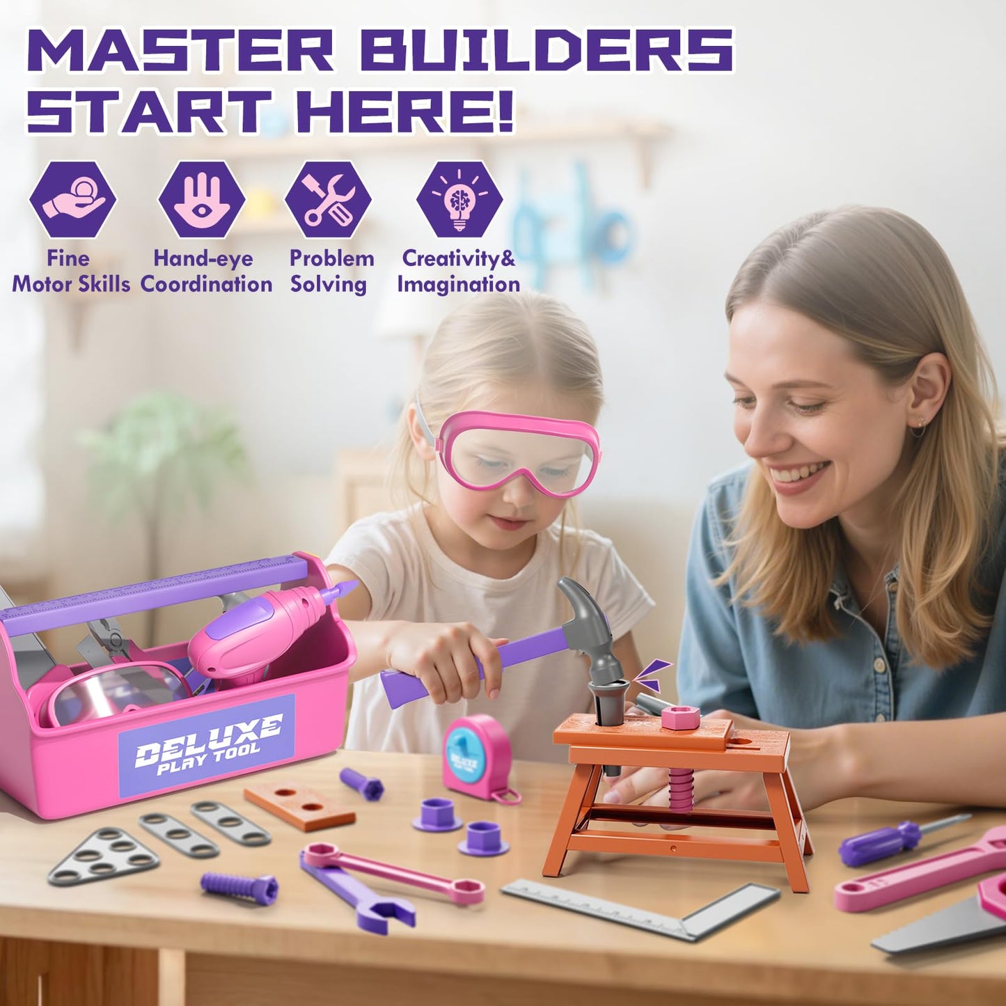 Lehoo Castle Kids Tool Set with Electric Drill & Tool Box - Pink