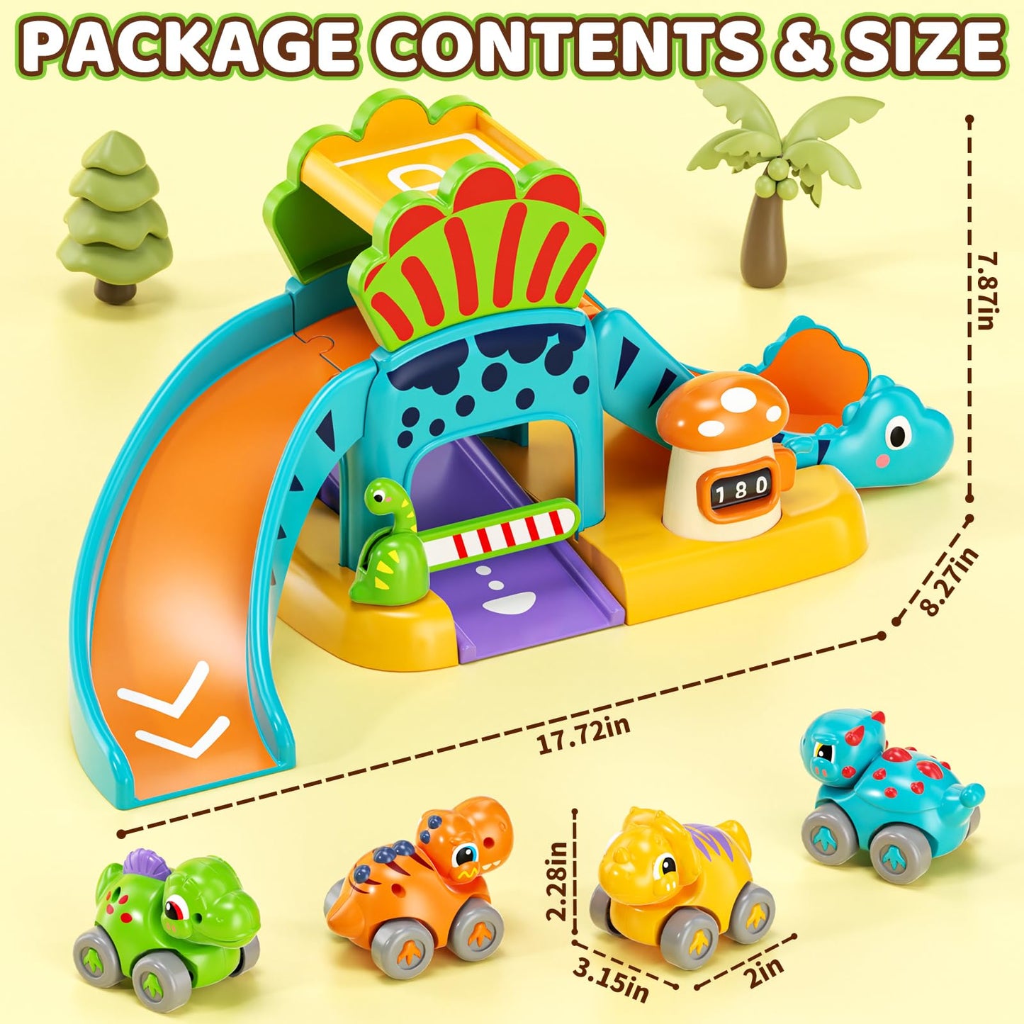 Lehoo Castle Dinosaur Slide with 4 Mini Cars – Toddler Race Track Toy (12-36 Months)