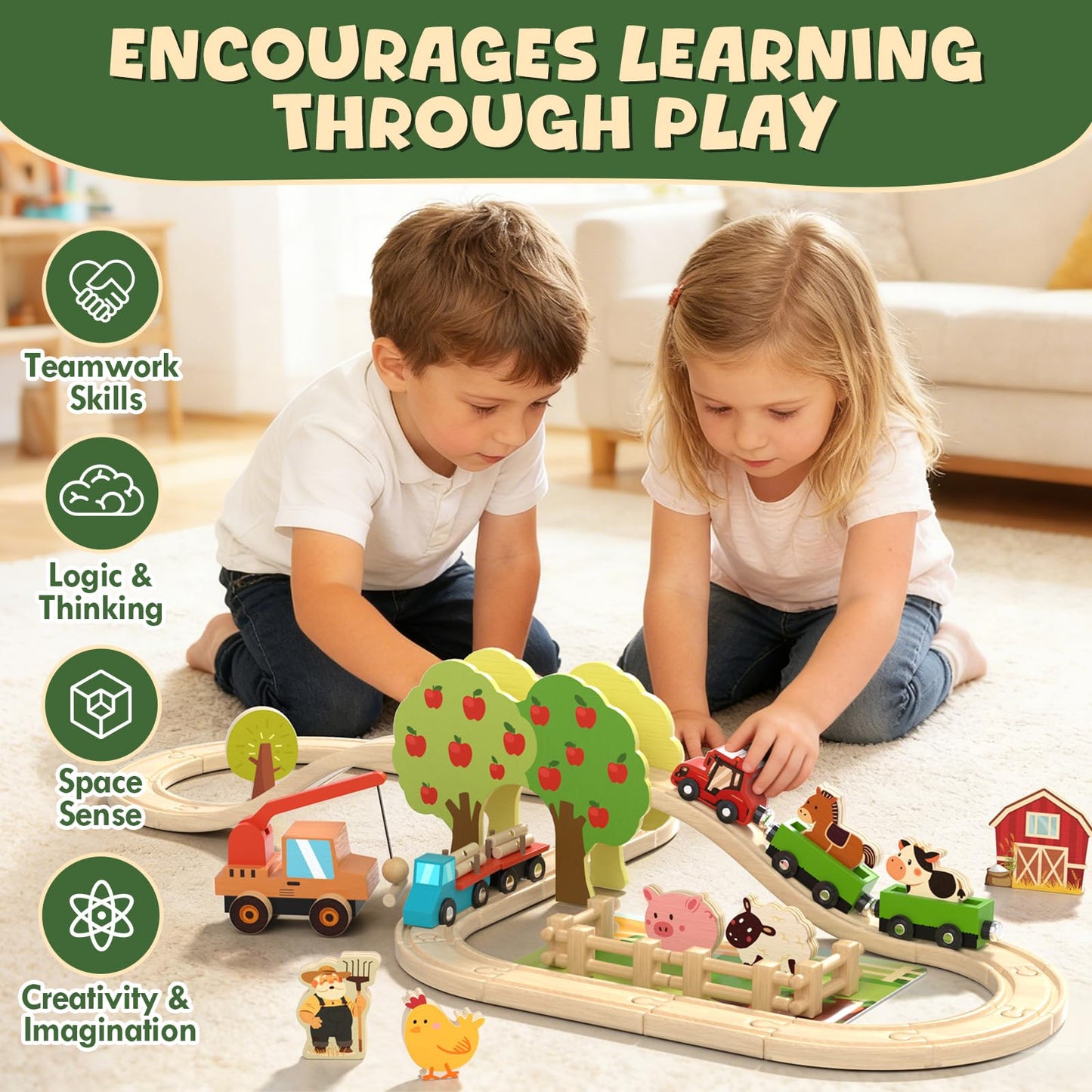 Lehoo Castle Wooden Train Set for Toddlers 2-4 – Farm Animals & Wooden Track