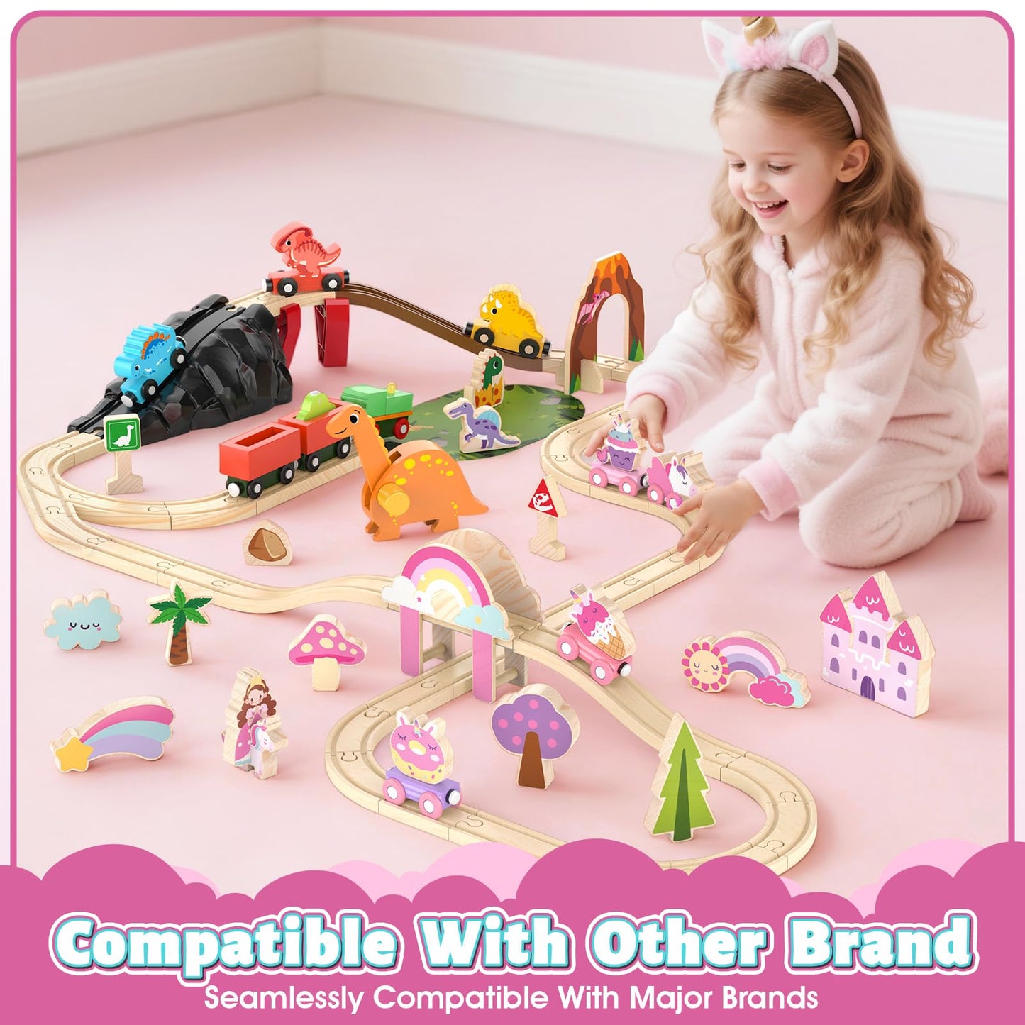 Lehoo Castle Wooden Train Set – Unicorn Pink Train for Toddlers 2-4 | Expandable Track