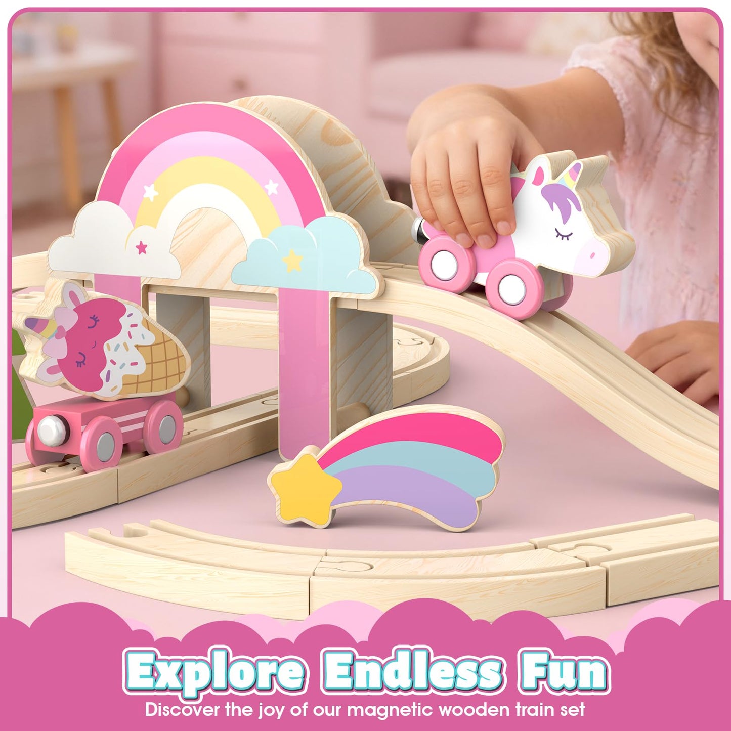 Lehoo Castle Wooden Train Set – Unicorn Pink Train for Toddlers 2-4 | Expandable Track