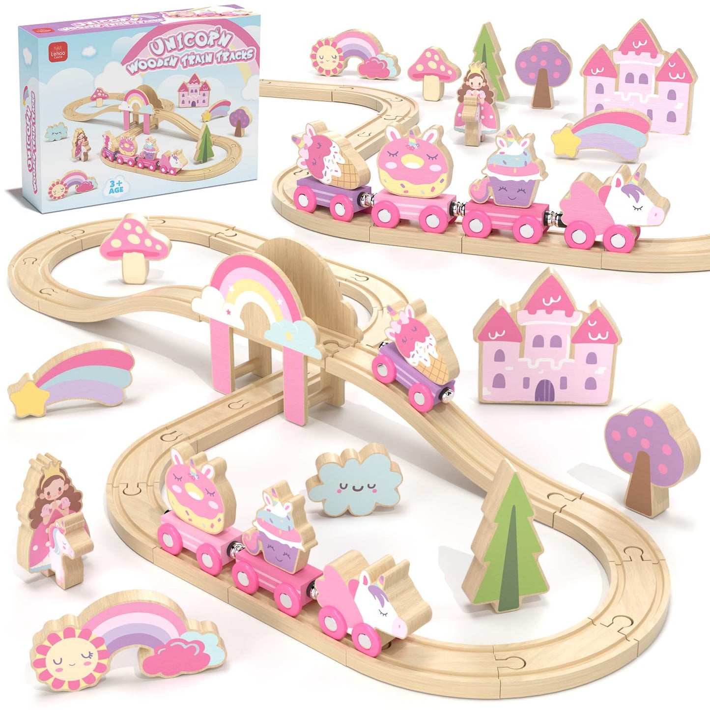 Lehoo Castle Wooden Train Set – Unicorn Pink Train for Toddlers 2-4 | Expandable Track