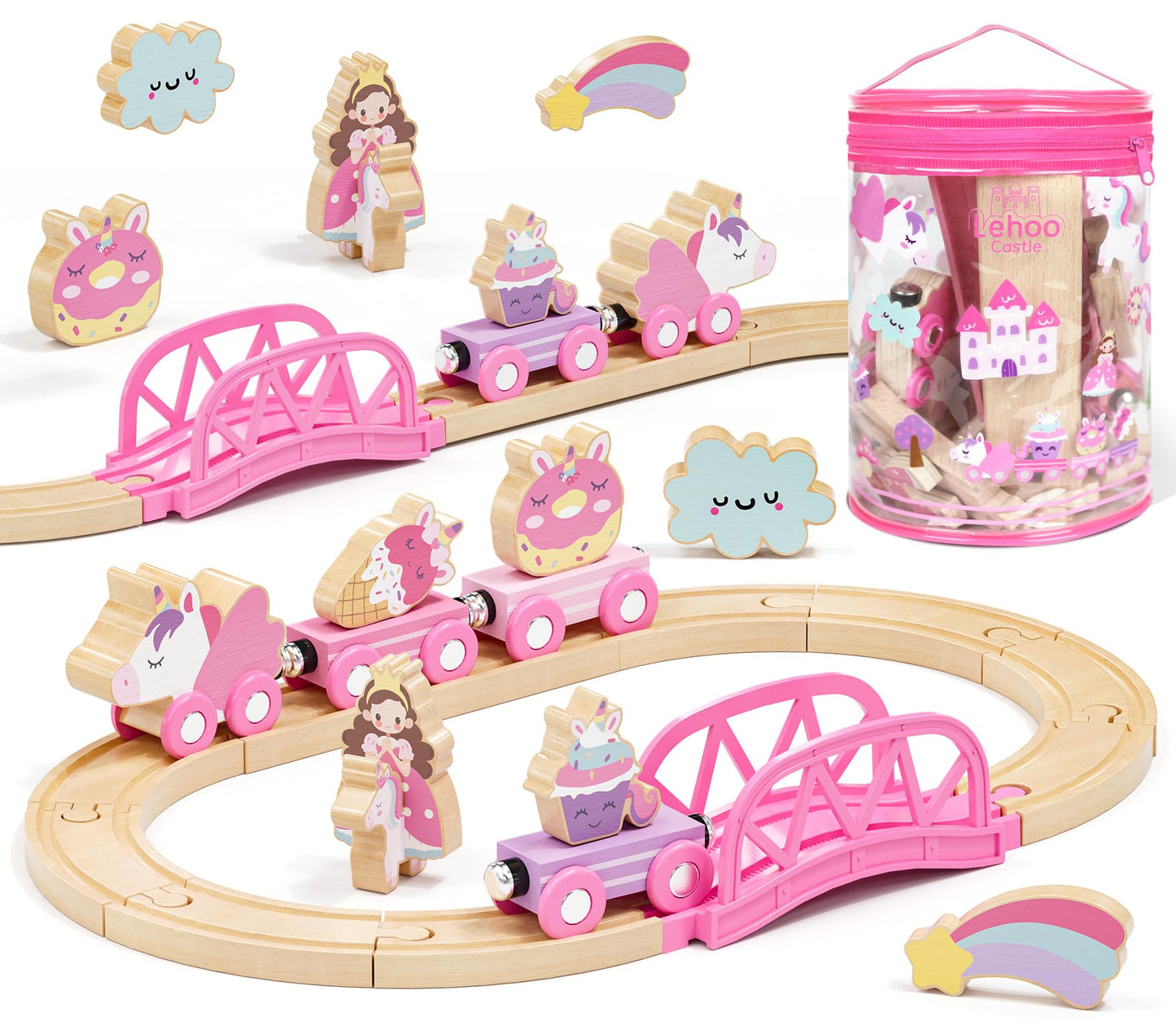 Lehoo Castle Wooden Unicorn Train Set for Toddlers 2-4 – Pink Train & Storage Bag
