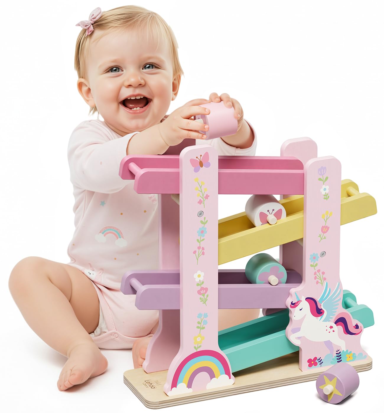 Lehoo Castle Unicorn Wooden Car Ramp Toy – Montessori Race Track for 12-36 Months