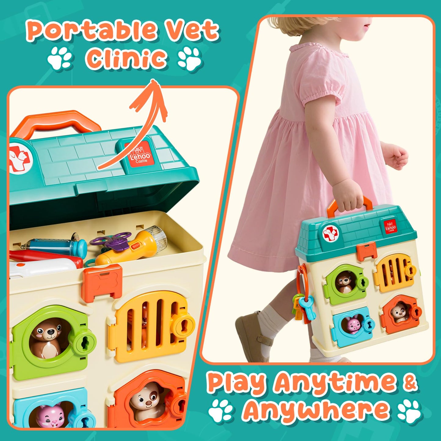 Lehoo Castle Veterinarian Playset – 4-Room Pet Vet Kit with Keys for Kids